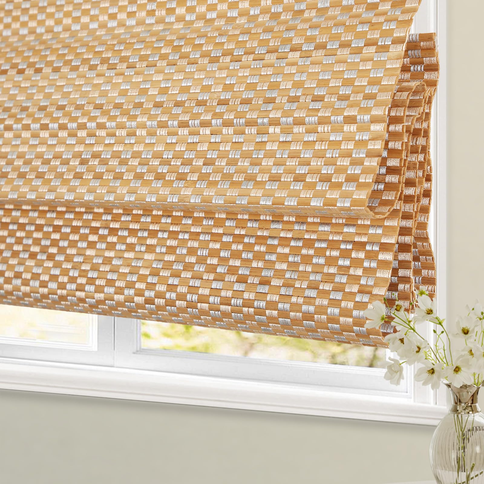 Blackout Cordless Blinds Bamboo Roman Shades, Custom Window Shades with Lining, Natural 100% Bamboo Blinds for Windows, Pattern 109