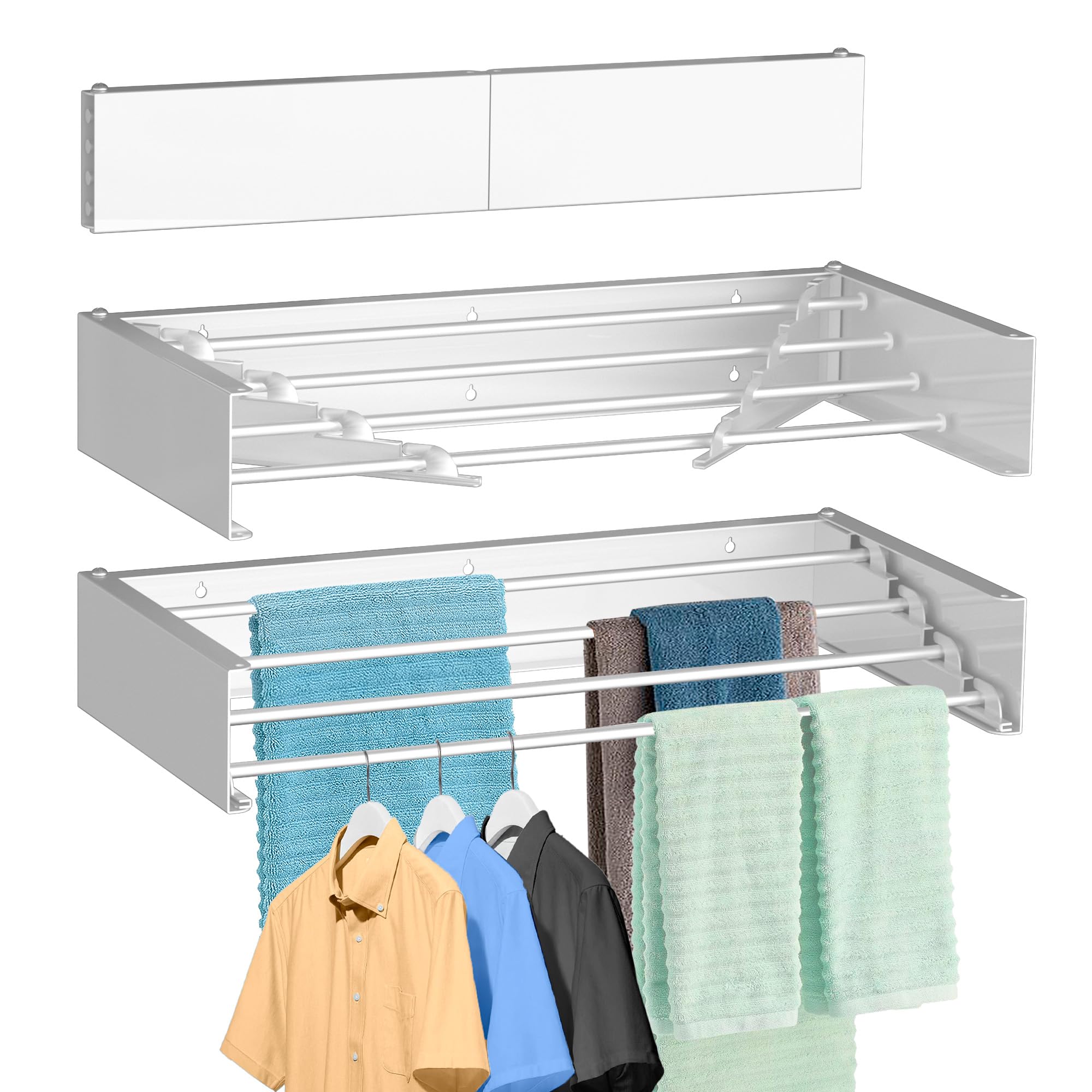 FOCHIER F Wäscheständer, Wandmontage, weiß, 60 cm | Zusammenklappbares Abtropfgestell mit 4 Aluminiumstangen und Bohrschablone, langer Schraubendreher-Bit, 27,2 kg Kapazität