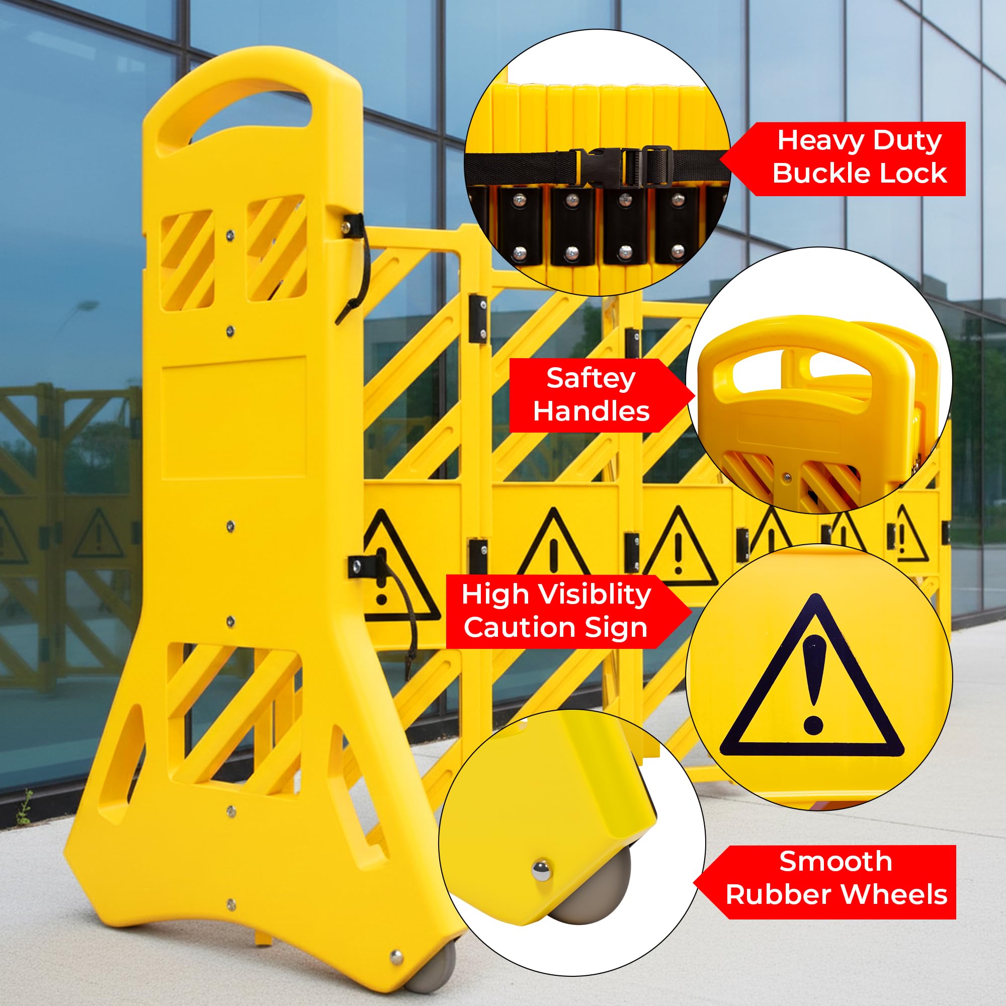 Barrera de plástico plegable expandible Amarillo | Barricada seguridad móvil retráctil | Control tráfico temporal peatonal