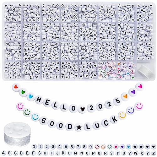 Amaney 1600pcs Letter Beads,Heart Beads,Number Beads,Star Beads and Smiley Beads,4x7mm White Acrylic Beads 31 Styles for Jewelry Making Bracelets Necklaces Key Chains - White&Heart - 7x4mm