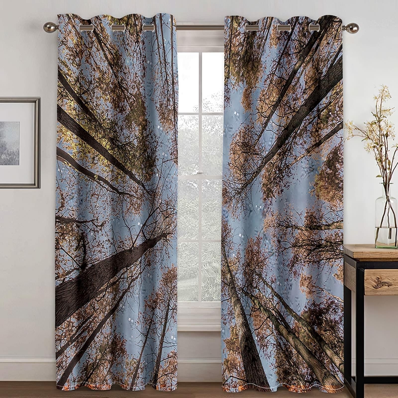 Wycian Küchenvorhänge Vorhang Grau Braun 2 Er Polyester Himmel und Bäume H138 X B102Cm für Schlafzimmer