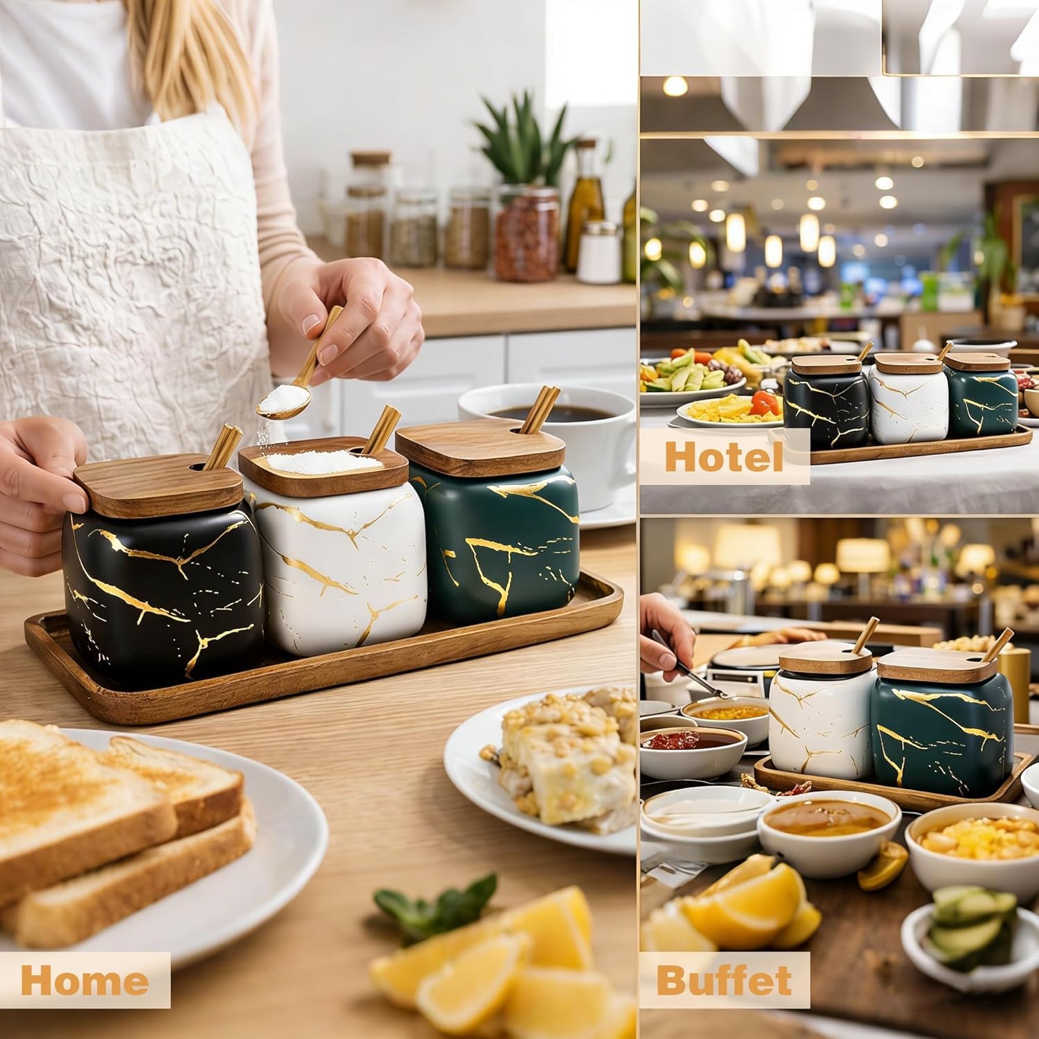 3 Pcs Sugar Bowls Ceramic Coffee Jar Set Ceramic Seasoning Jar with Lid Spoon and Tray/Food Storage Canister (Color Mixing)