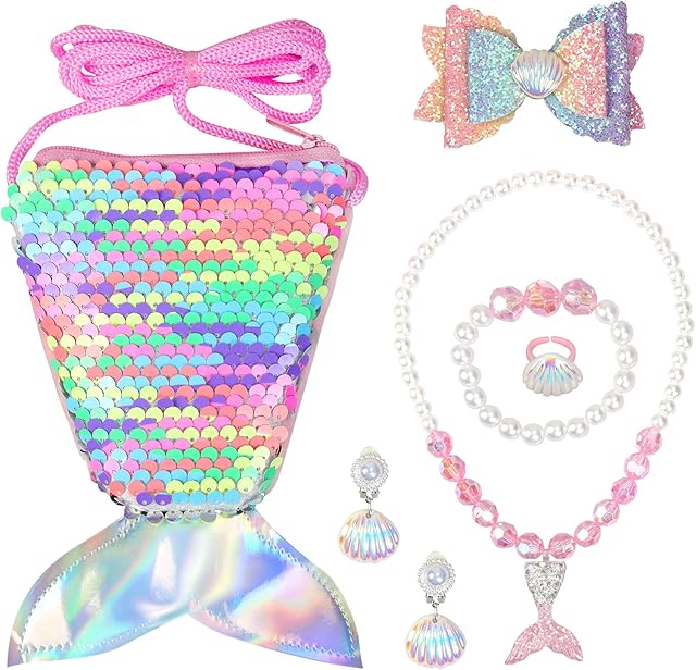 MEETANG Kids Mermaid Jewellery Set for Girls with Gift Box Easter Sequins Mermaid Tail Purse Bag Bow Knot Hair Clip Necklace Bracelet Ring Earrings for Dress Up Party Gifts for Little Girls