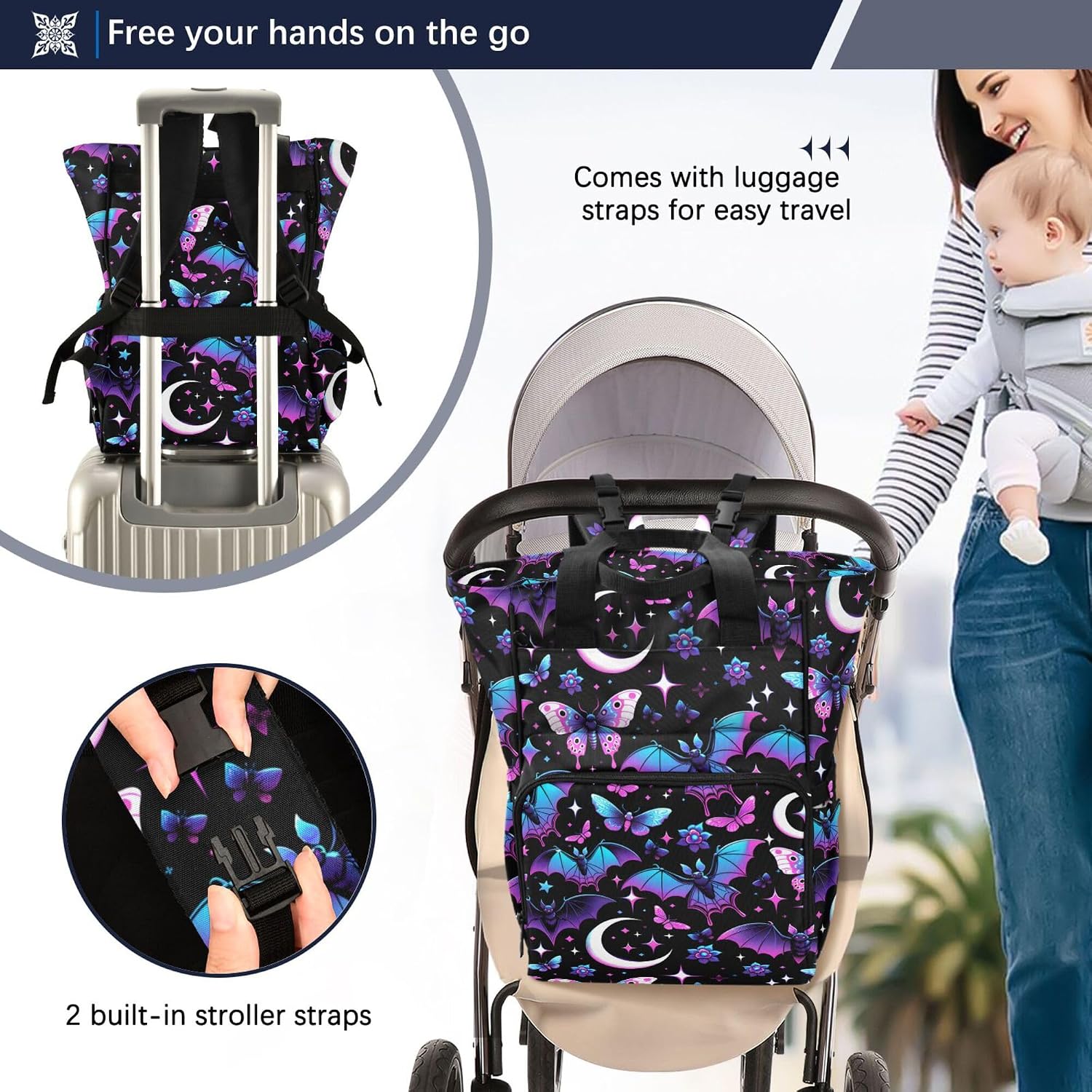 MNSRUU Diaper Bag Neon Purple and Bats Stars and Moons Large Capacity Changing Backpack Multifunction Travel Tote Nappy Bag Baby Diaper Backpack for Mom Dad