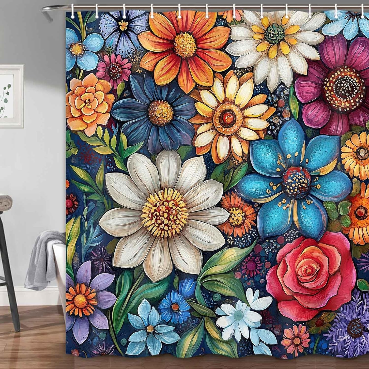JAWO Boho Floral Shower Curtain, Watercolor Flower Shower Curtains for Bathroom, Vintage Plant Shower Curtain Set with Hooks, 70X84 in