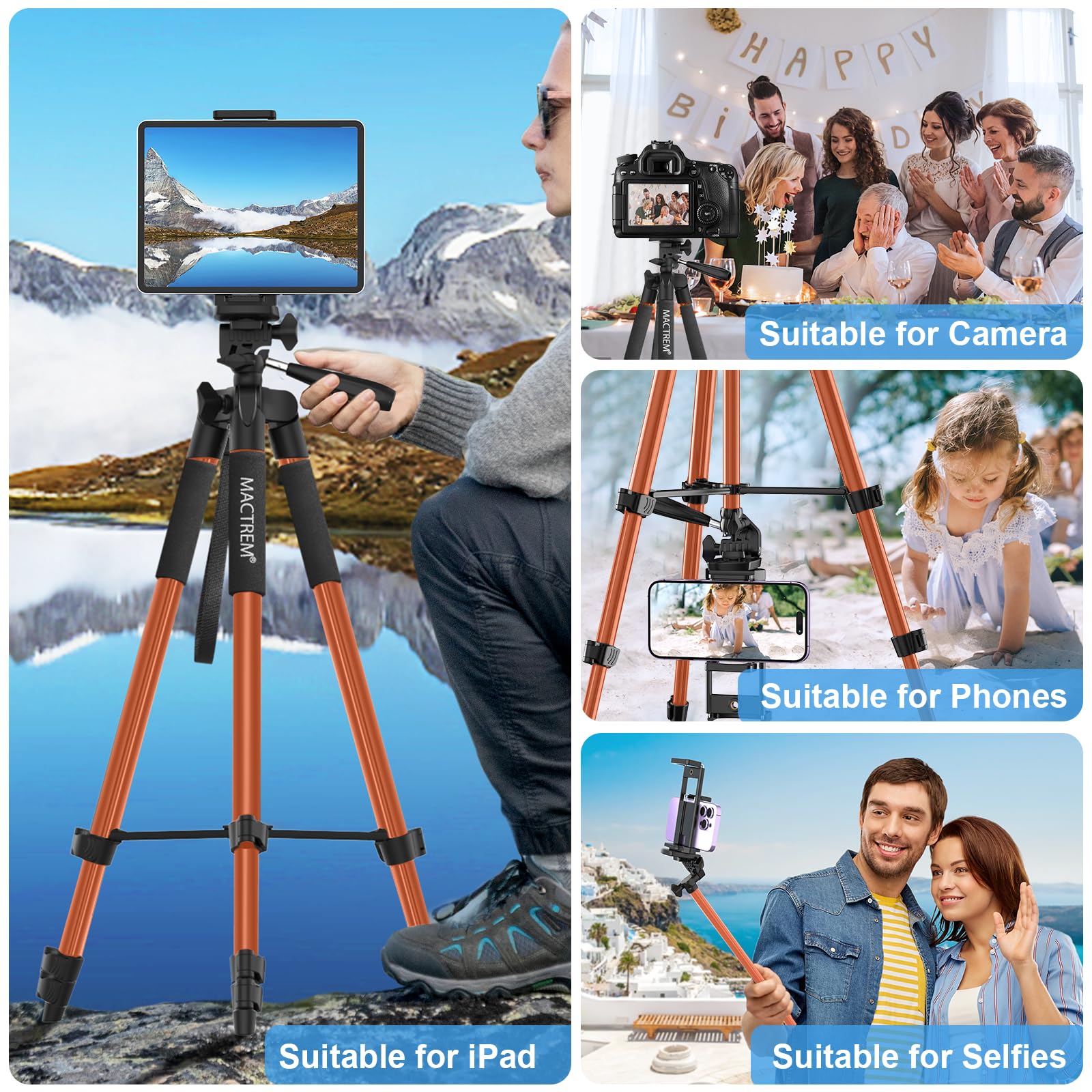 Treppiede Smarthphone, Nuovo 165cm/65in Treppiedi Fotocamera Cavalletto Smartphone per iPhone/Samsung/Huawei/iPad/Reflex, Cavalletto Telefono con Supporto Telefono e Telecomando Bluetooth,Arancio