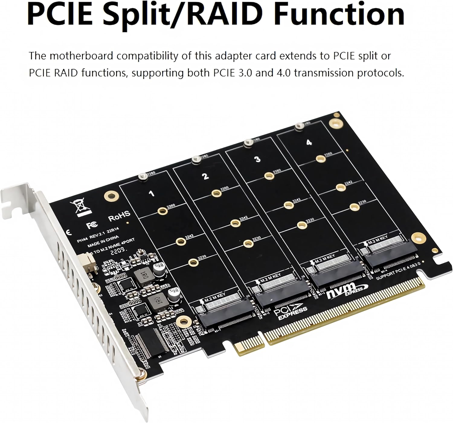 M.2 PCIE NVME Adapter Card, 4 x 64Gbps, 4 Port M.2 NVMe SSD to PCIE X16 M Key Hard Drive Converter Reader Expansion Card PC Internal Expansion Card