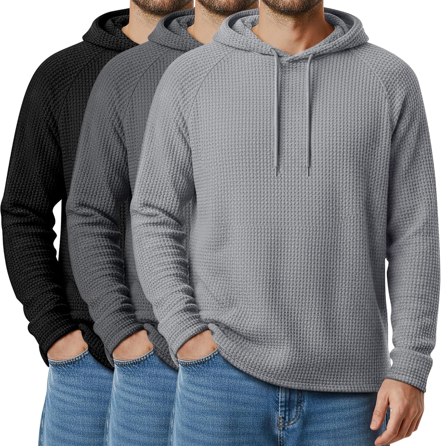 August Alley 3 Pack Men's Big and Tall Hoodies Sweatshirts Waffle Knit Long Raglan Sleeve Casual Pullover Drawstring Shirts
