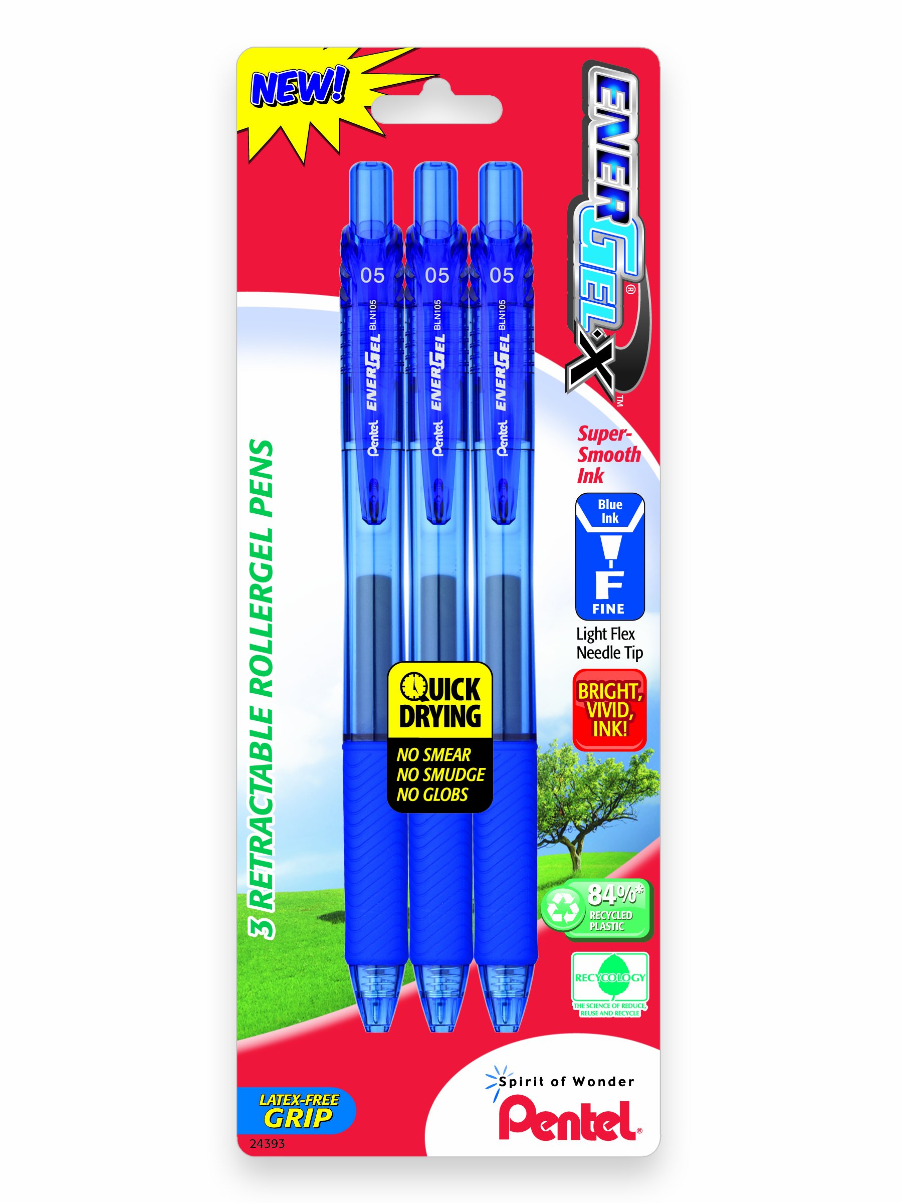 Pentel EnerGel-X Retractable Liquid Gel Pen 0.5mm, Needle Tip, Blue Ink (3 Pack) (BLN105BP3C) — image 1