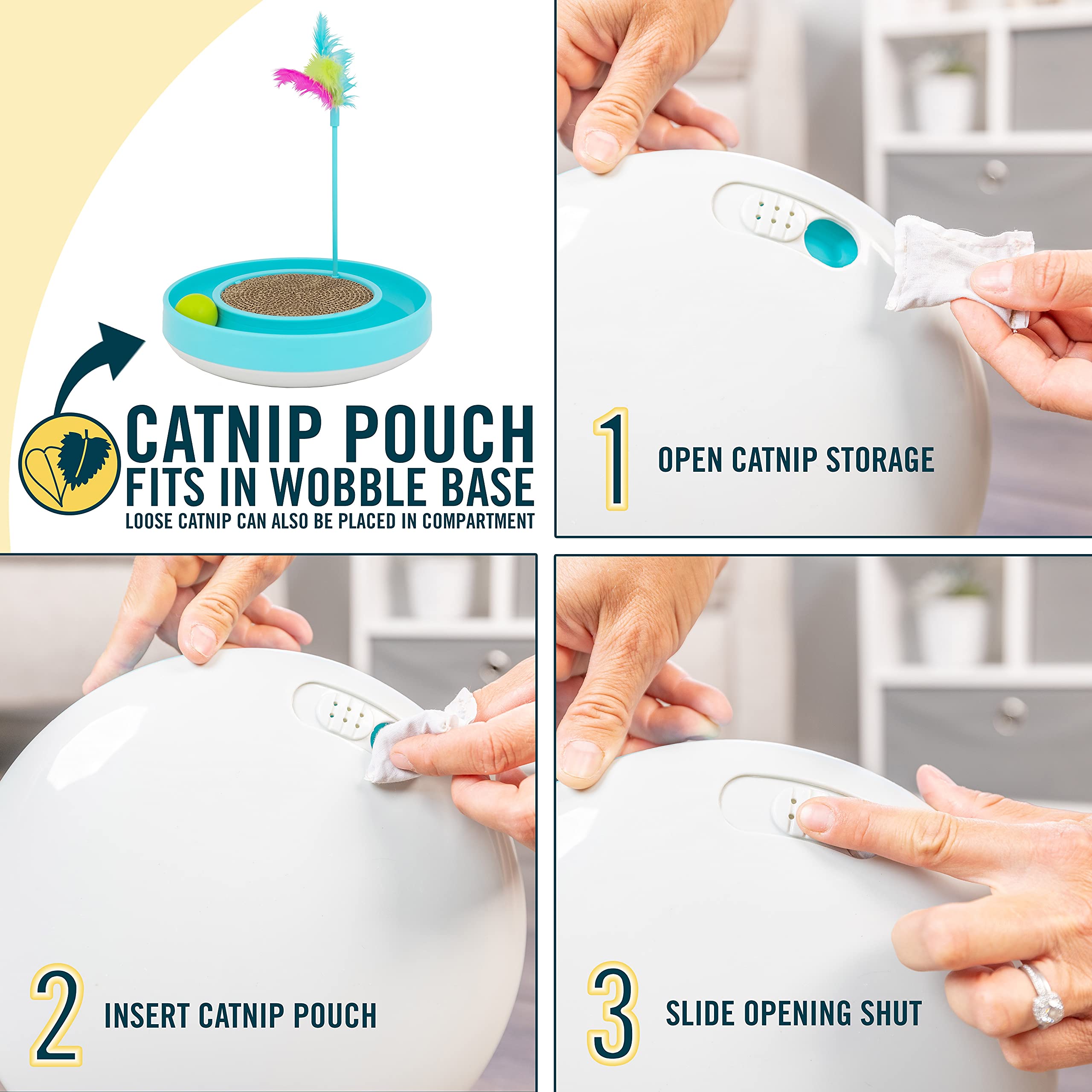 Our Pets Juguete para Gatos Wobble Scratch Track - Juguetes interactivos para Gatos de Interior con Pista de Bola para Gatos Que Rueda, Varita de Plumas y Almohadilla rascadora. Ideal como Juguete