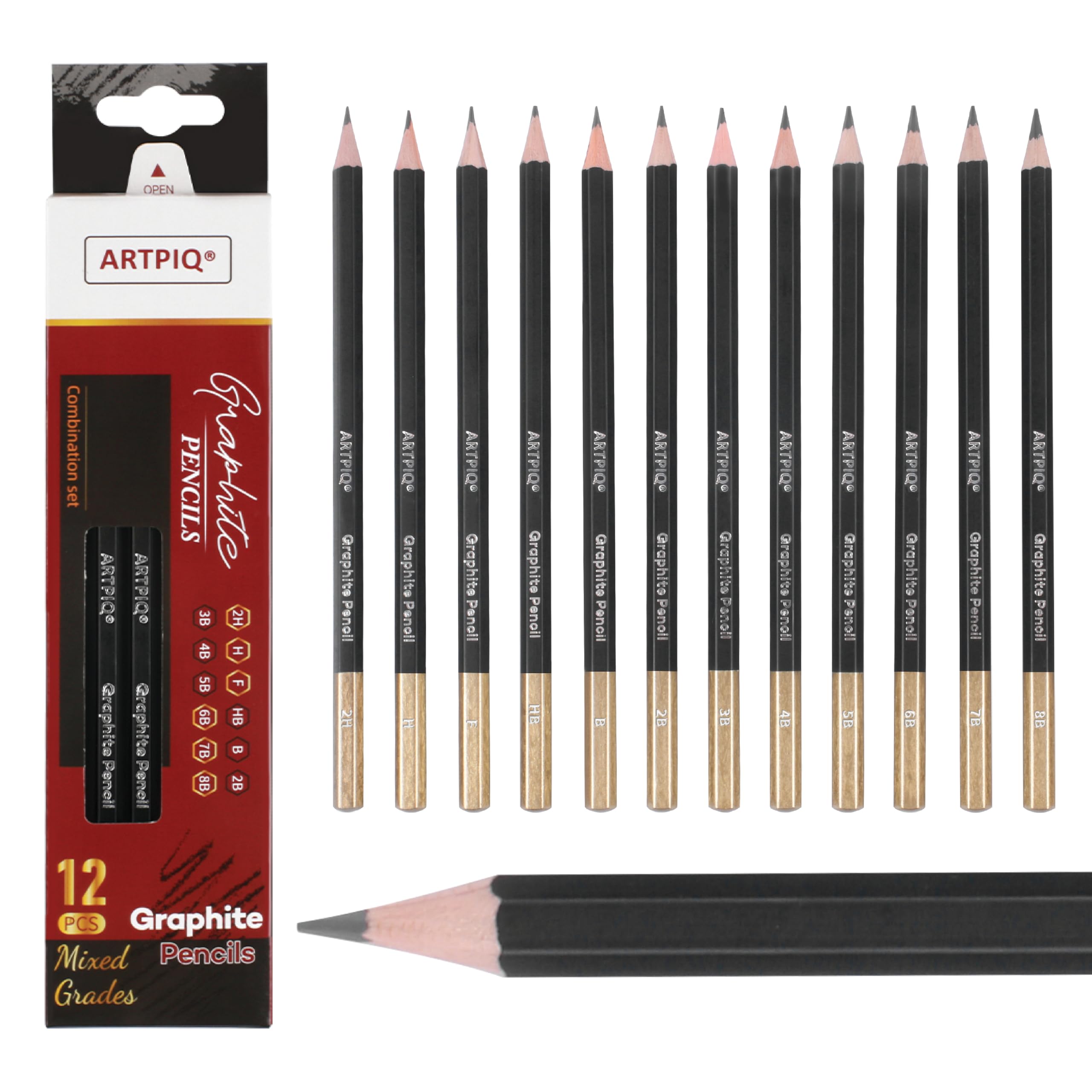 ARTPIQ Drawing Pencils Set of 12 Mixed Grade Graphite Pencils- 2H H F HB B 2B 3B 4B 5B 6B 7B 8B - Ideal for a Wide Variety of Drawing Techniques - Premium Quality Wood and Graphite Lead