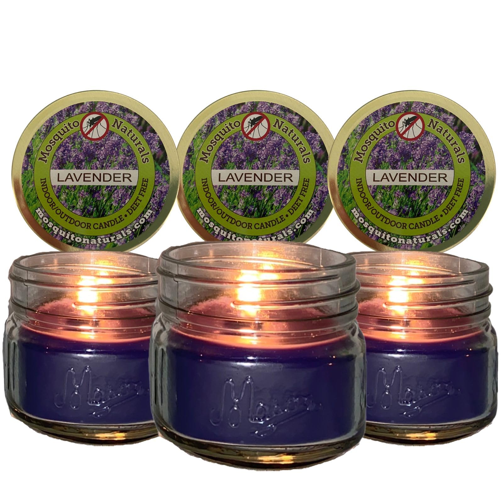 Lavender Candles with Essential Oils - Made in USA - (Set of 3) for Patio, Deck, Outdoor or Indoor Use – All Natural, Soy Base Candles, 3 oz Jars with Lid