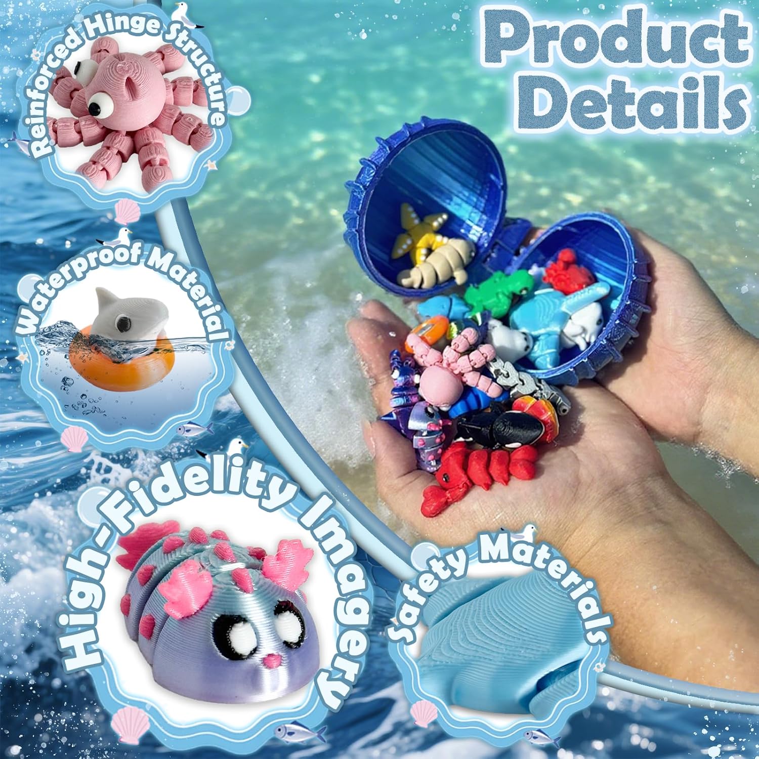 20PCS Ocean Animal Set,3D Printed Shells， 3D Printed Mini Sea Animals Articulating Flexible Fidget, Cute Animal Figurines Birthday Office Desktop Home Decoration