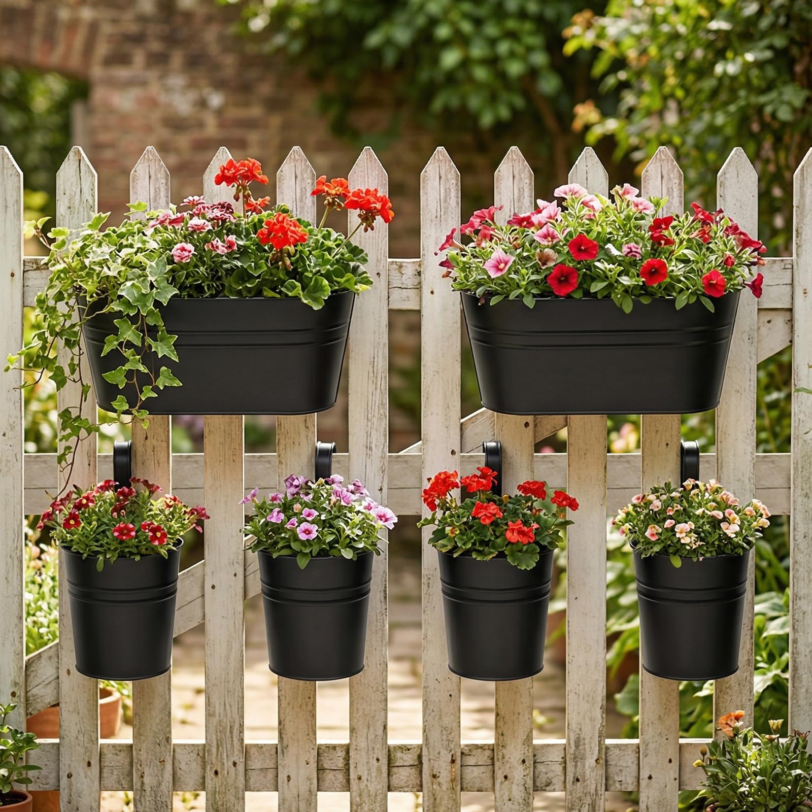 6PCS Pots de Fleurs Suspendus avec 3 Outils de Jardinage, Jardiniere Suspendue avec Trou de Drainage et Crochets Amovibles, Résistantes à la Rouille, Pots pour Balcon, Balustrade, Clôture