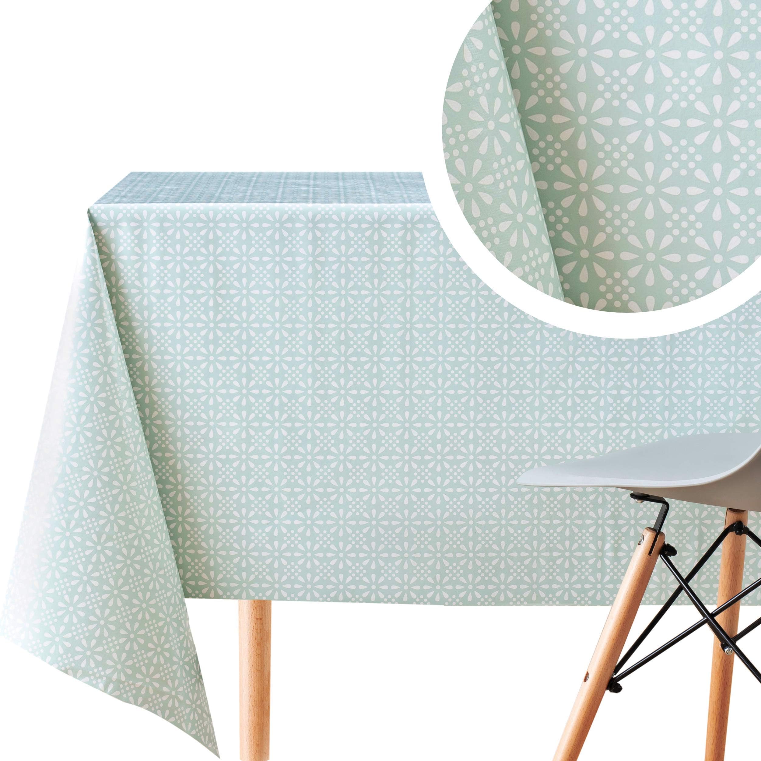 Wipe Clean Tablecloth Turquoise Duck Egg PVC Table Cover - Rectangle 200 x 140 cm - Easy Wipeable Vinyl Plastic Table Cloth With Retro Mint Floral Print