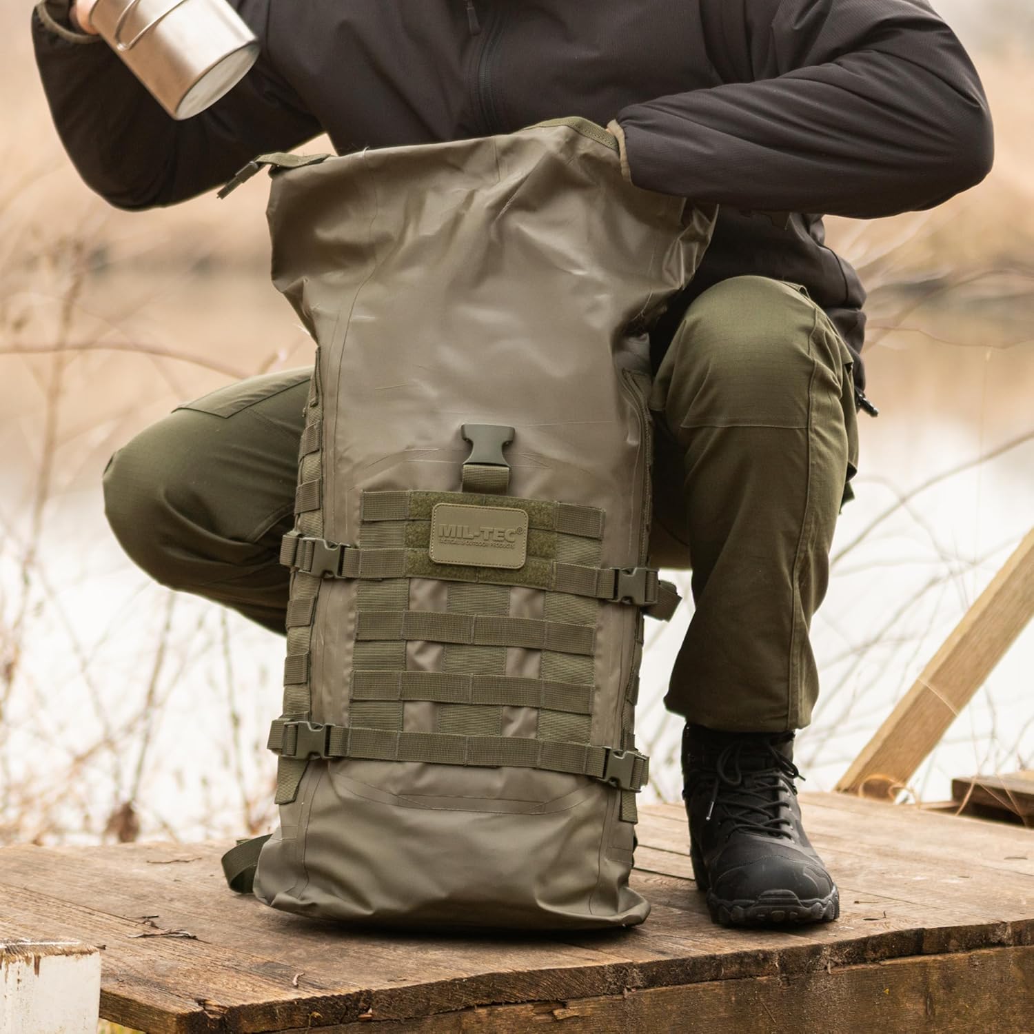 Mil-Tec Unisex 30L Tactical Seals Dry Bag - Secure Rugged Durable Waterproof Outdoor Kayaking Boating Camping Hiking MOLLE Backpack with Adjustable Wide Shoulder Straps & Padded Back, Olive Drab