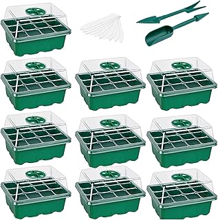 10 Packs Seed Starter Tray Seedling Tray (12 Cells per Tray) Humidity Adjustable Plant Starter Kit with Dome and Base Greenhouse Grow Trays for Seeds Growing Starting (Grenn)