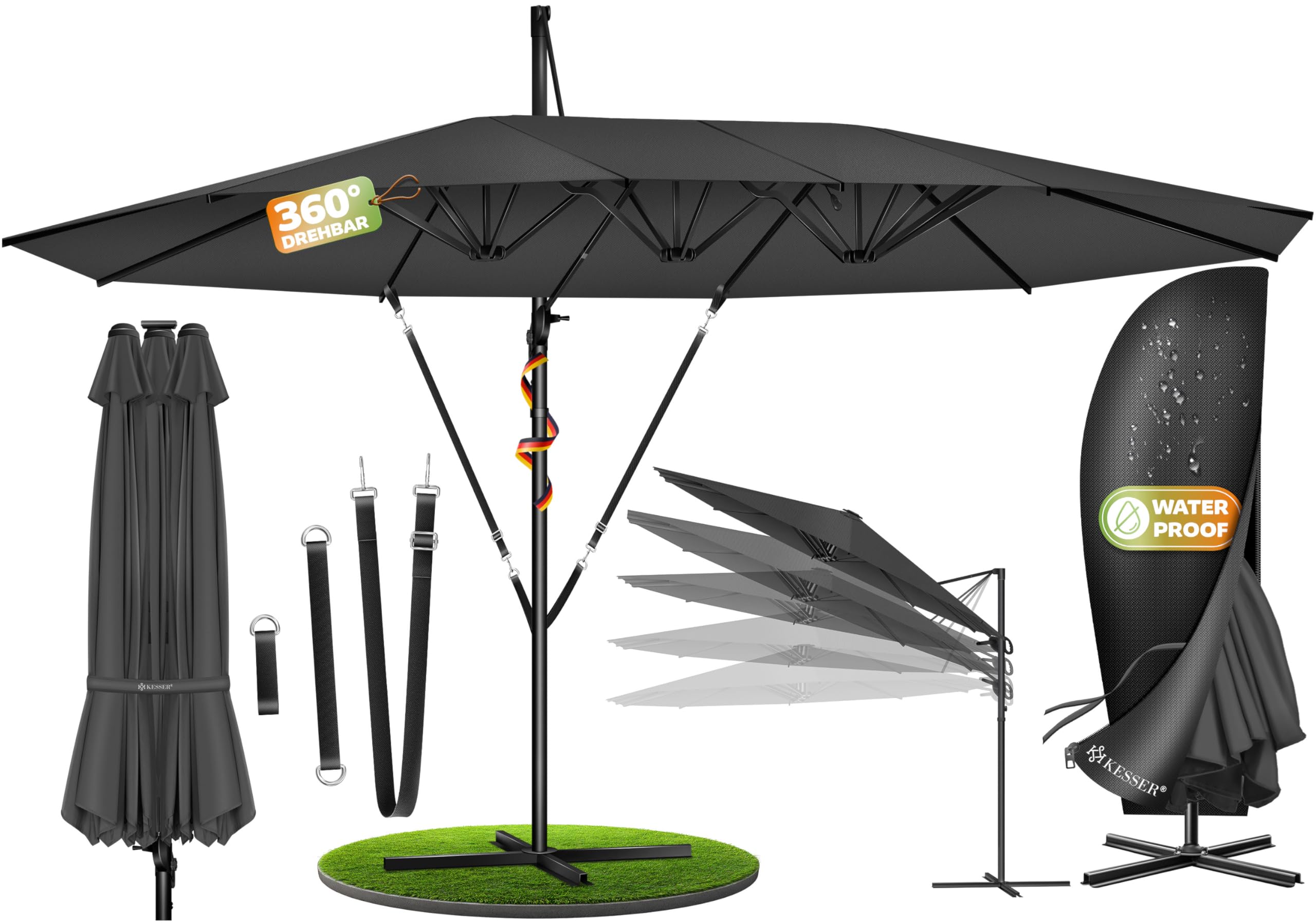 KESSER® Sonnenschirm Doppelsonnenschirm 4,6m x 2,7m | Ampelschirm Abdeckung & Windsicherung mit Kurbel & Ständer | Kurbelschirm Aluminium wasserabweisend | Neigbar Kippbar 360° Drehbar