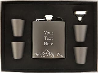 Personalized Engraved Flask Mountain Range With Custom Text 6oz Steel Drinking Flask Birthday Gifts Christmas Presents (Large Box Set)