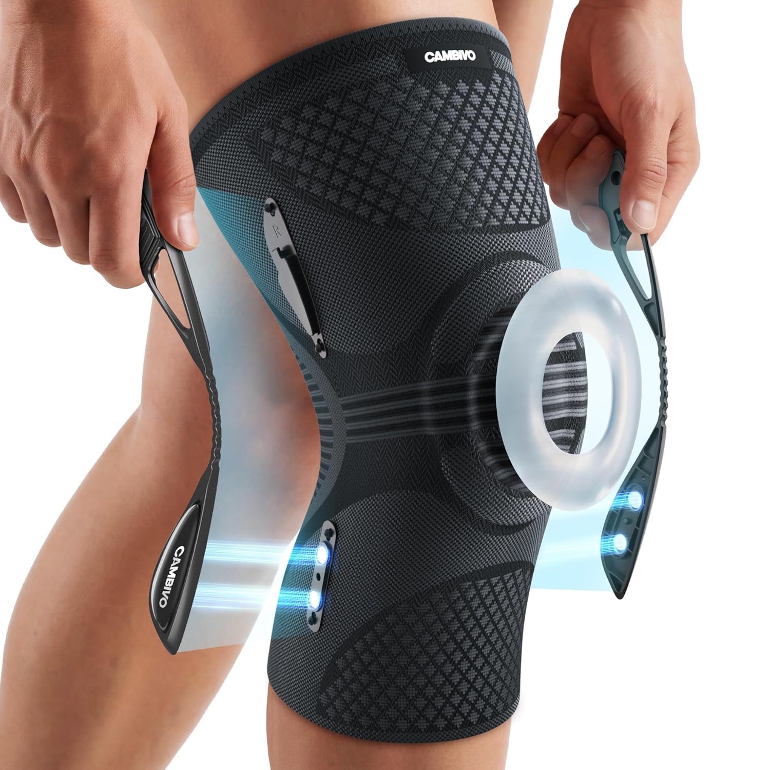 CAMBIVO Knee Support Brace with 2 Snap-on Detachable Stabilizers & Patella Gel Pads, Red Dot Awarded Compression Knee Sleeve for Meniscus Tear, ACL, Knee Pain Support, Running, Workout for Women & Men