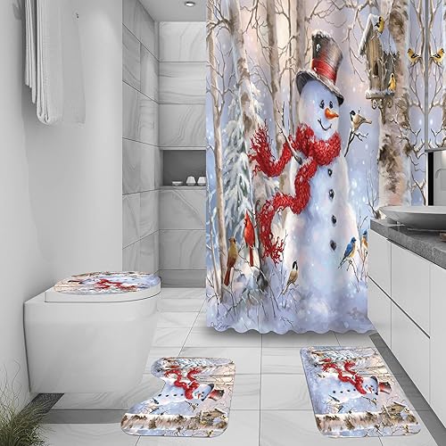 Miniatura 7 de Juego de 4 piezas de cortina de ducha de Navidad, decoración de baño con temática de muñecos de nieve, decoración de baño de Papá Noel con funda de