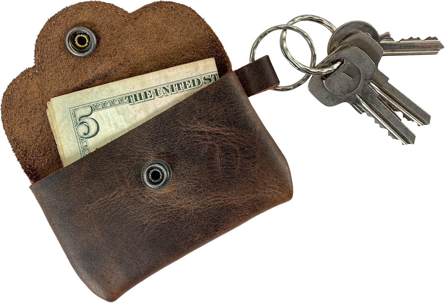 Heather's, Envelope Keychain Handmade from Full Grain Leather - Bag for Coins, Change, Headphones, Snap Closure, Small Personal Items - Bourbon Brown