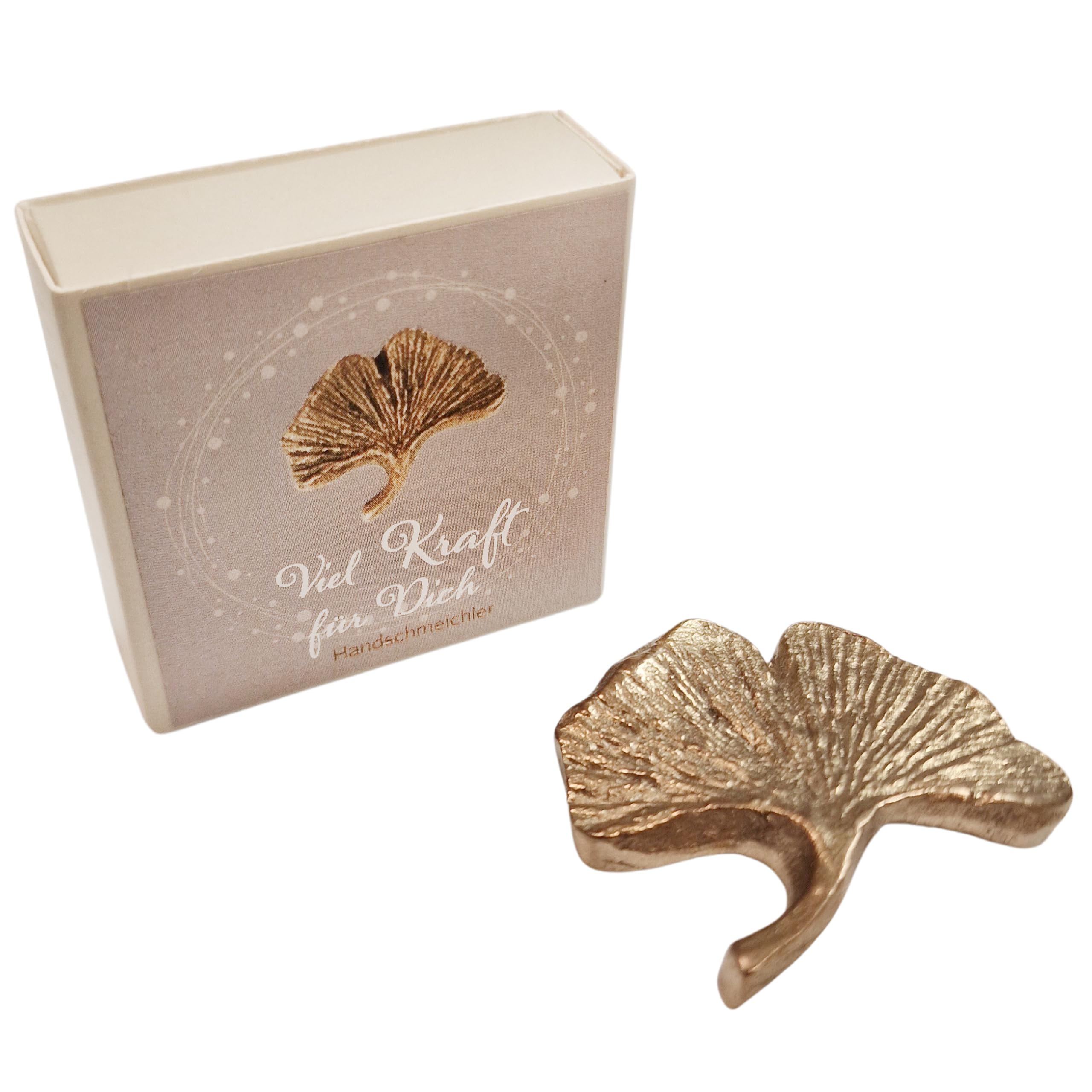 Herzmensch Kleiner Gingko Glücksbringer 4 x 4,5 cm aus massiver Bronze goldfarben mit dem Spruch - Viel Kraft für Dich - zur Genesung, Trost und Trauer