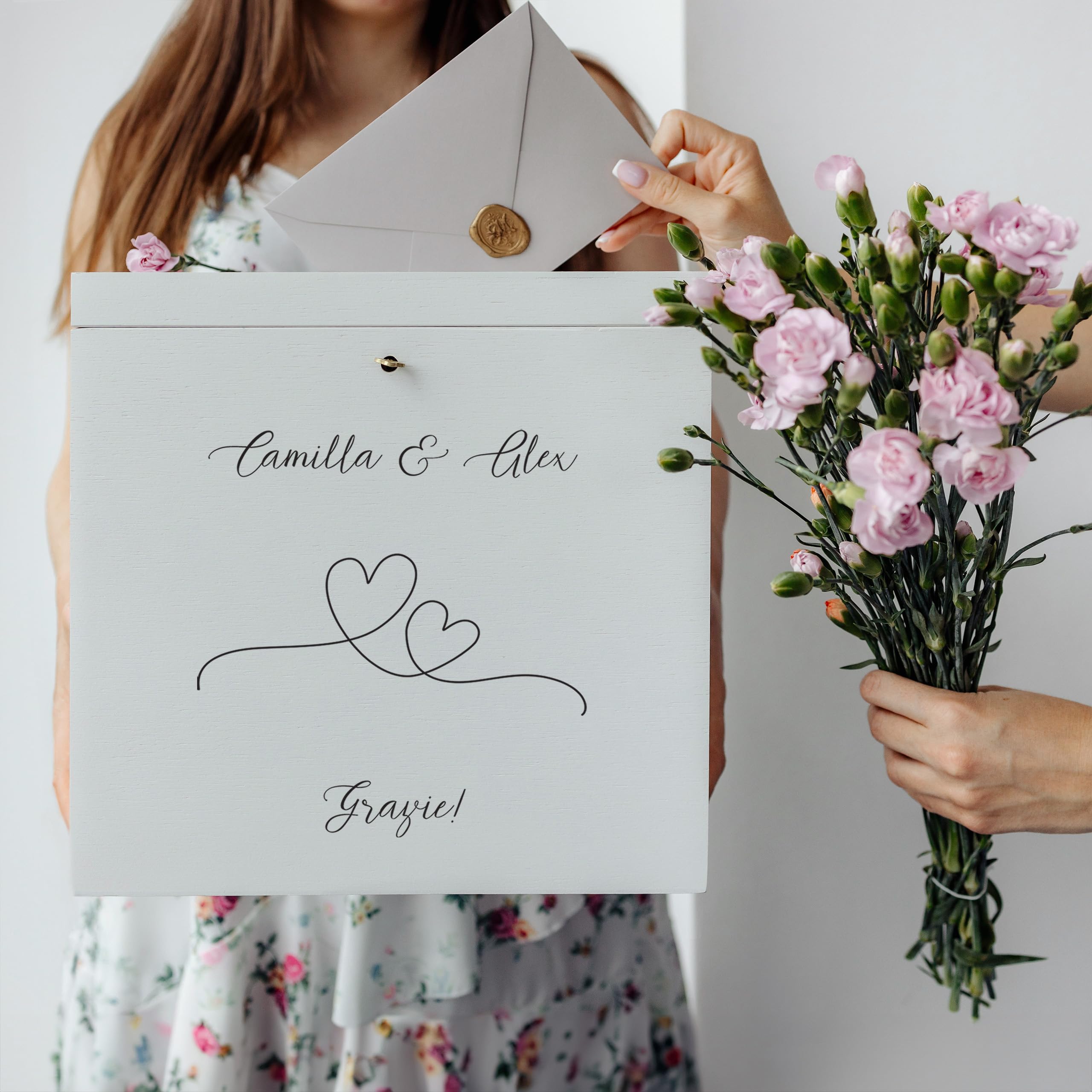 Porta Buste in Legno per Matrimonio 29x25x30cm Scatola Personalizzata Bianca con Serratura