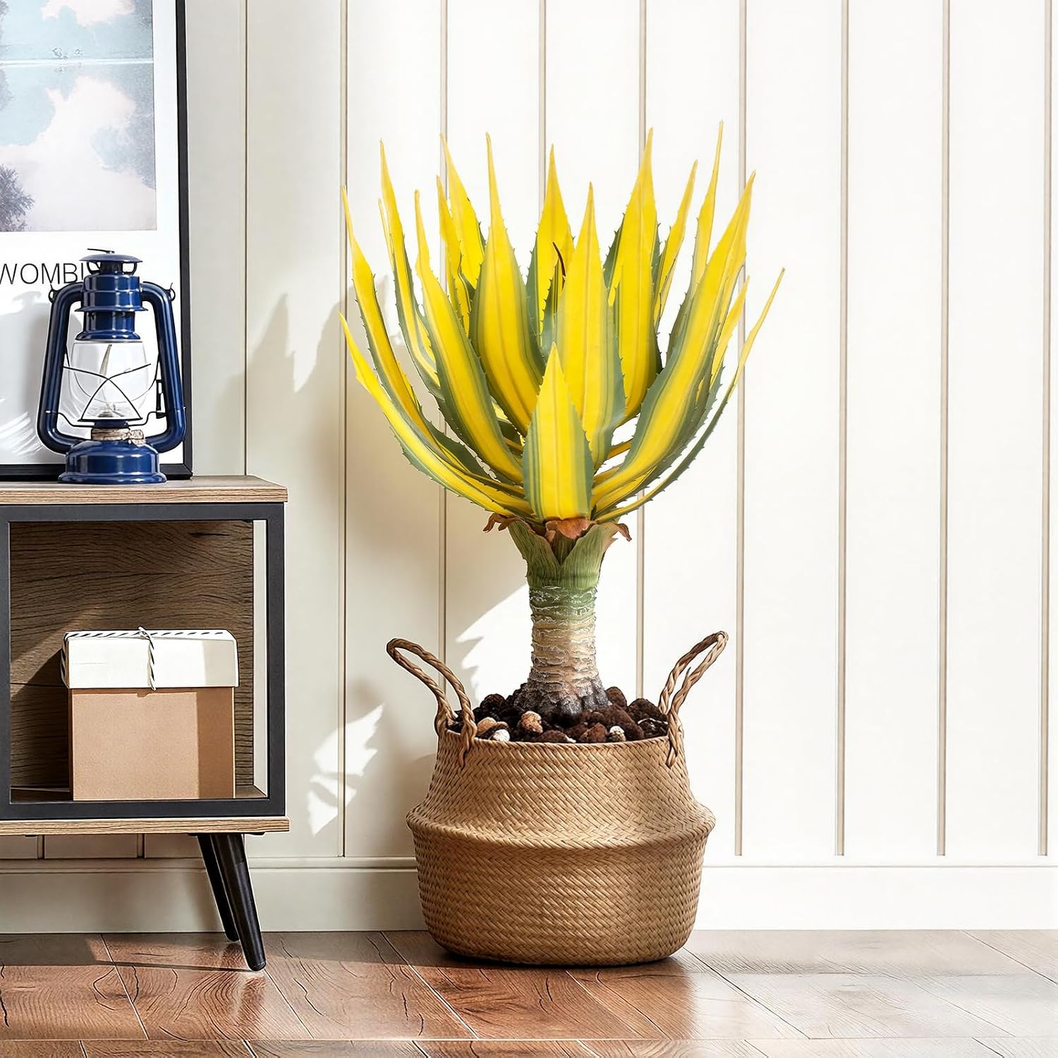 Artificial Green Edged Gold Leaf Spiny Agave Plant with 23 Leaves, 19.68in Faux Agave for Indoor & Outdoor Home Decor Perfect for Porch Living Room Bedroom Patio & Office