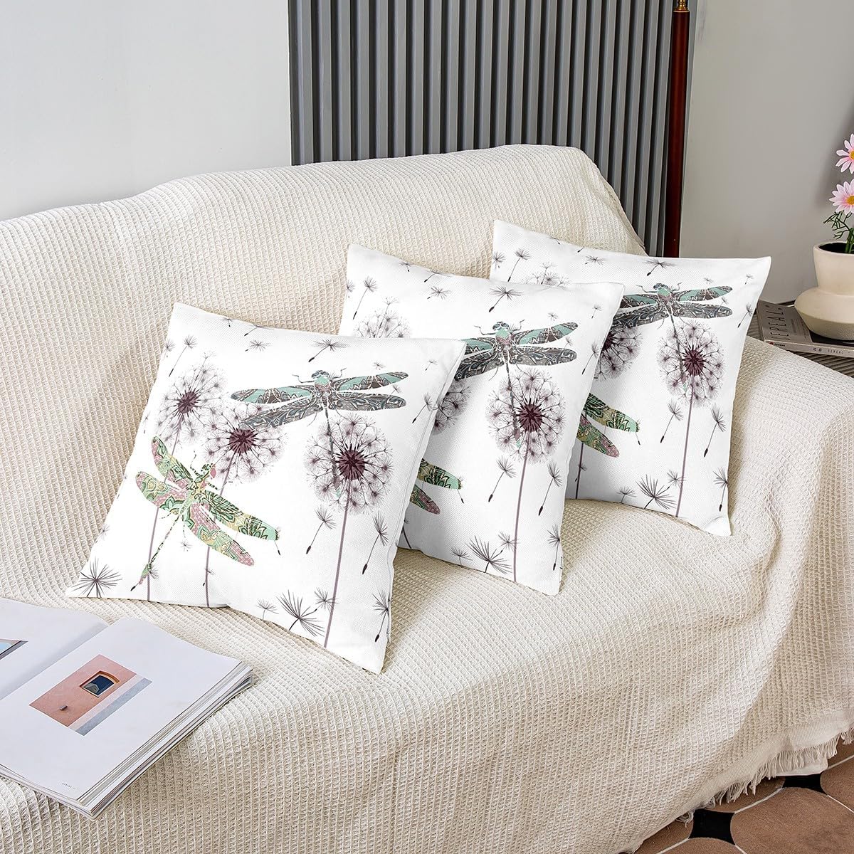 Dragonfly Gifts for Women, Dandelion Floral Throw Pillow Covers 24x24 Inch Set of 2, Dragonflies Cushion Cases, Botanical Blossom Pillow Covers, Colorful Dragonfly Wing Decorative Square Pillow Cases