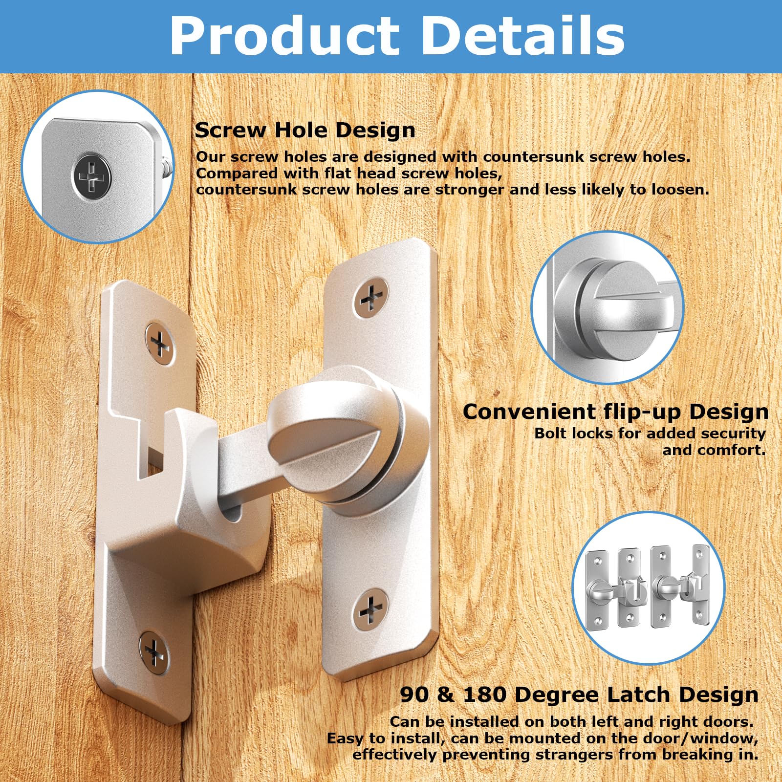 BREANIFULL 2 Packs Flip Sliding Barn Door Lock Degree Door Lock Small Gate Latches for 90 Degree and 180 Degree for Barn Garden Bathroom Outdoor Garage Window Sliding Door (Silver) - Image 3
