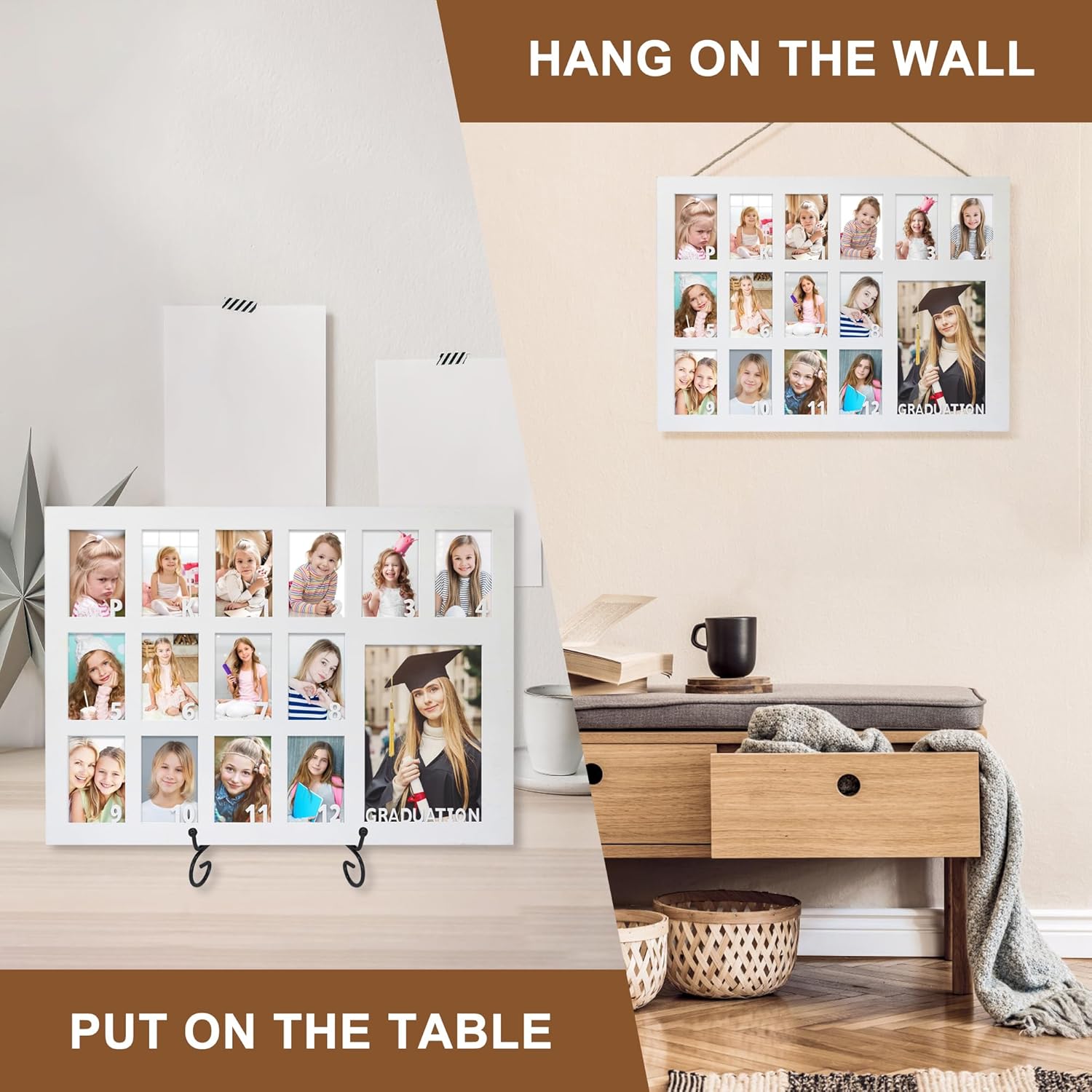 FramePro School Years Picture Frame Pre K to 12 White Graduation Gift Collage Frame with Stand Easel, Displays One 4x6 and Twelve 2x3 Wallet Photos