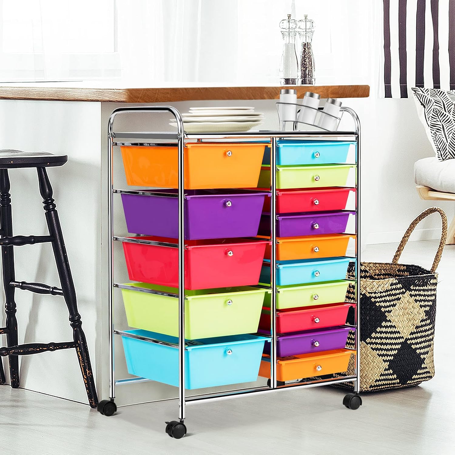 KOTEK 15-Drawer Rolling Storage Cart, Multipurpose Mobile Utility Cart with 4 Wheels, Home Office School Tools Scrapbook Paper Organizer (Multicolor-Combo2)
