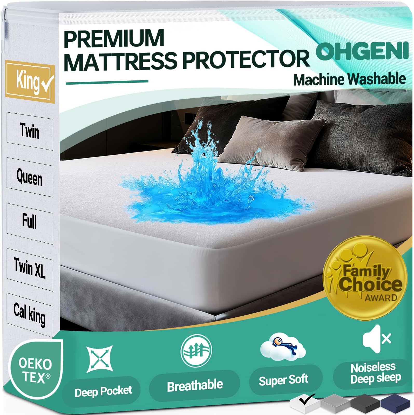 OhGeni Waterproof Mattress Protector, King Size Fitted Sheet with Deep Pocket, 6''-18'' Washable Hypoallergenic Mattresses Cover, Noiseless Soft Mattress Pad,Urine,Bedroom Essential,Pee & Dirt-Proof
