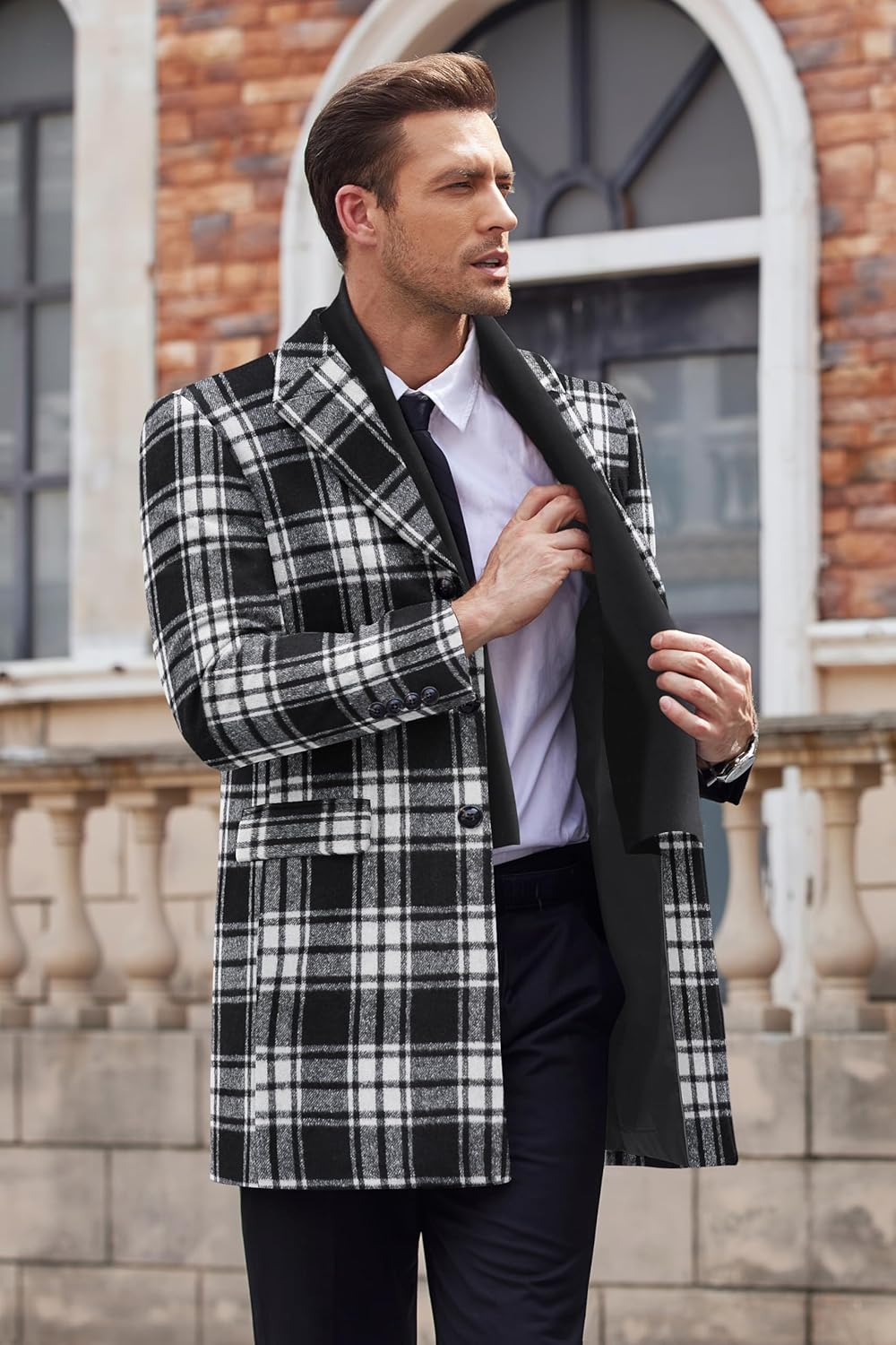 COOFANDY Men's Wool Blend Coat with Detachable Plaid Scarfs Notched Collar Single Breasted Pea Coat Trench Overcoat - Image 3