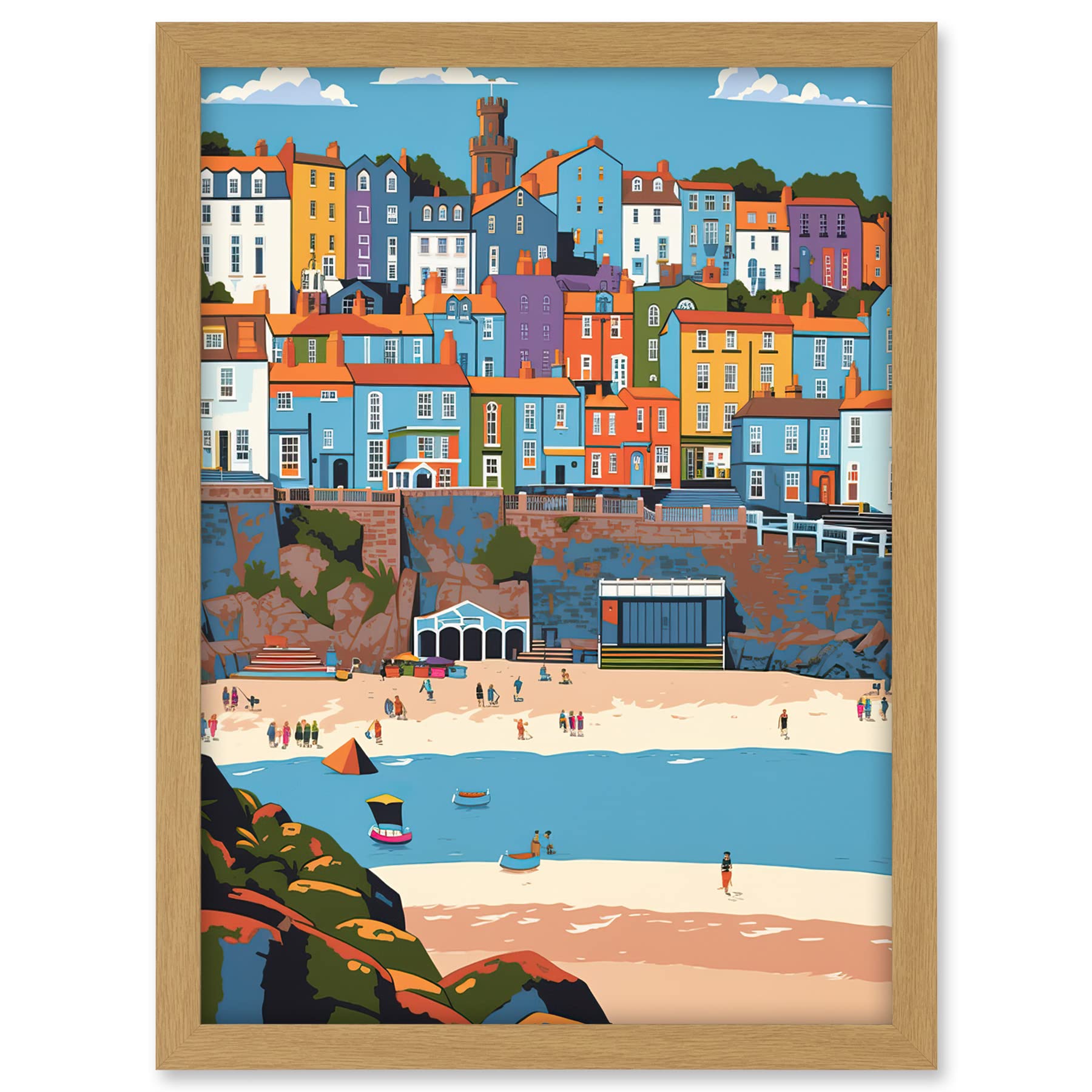 Artery8 Tenby Castle Beach in Wales Colourful Townscape Artwork Framed A3 Wall Art Print