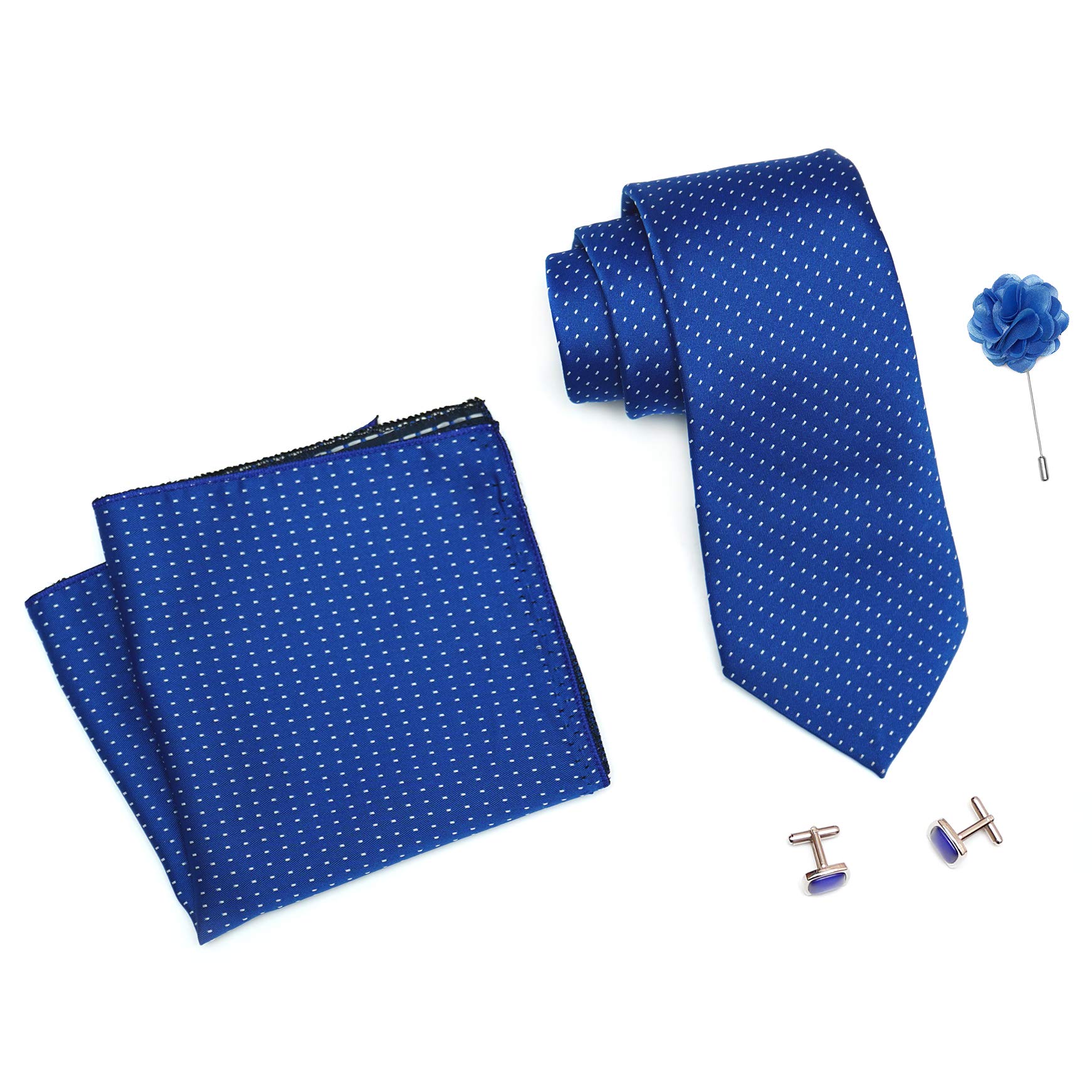 Tie for Men – Dotted Silk Neck Ties Set with Cufflinks Flower Pin, Pocket Square & Black Gift Box, Combo Necktie Sets for Office Wear, Formal Suits & Weddings (Royal Blue, D1RLRX)-image-47