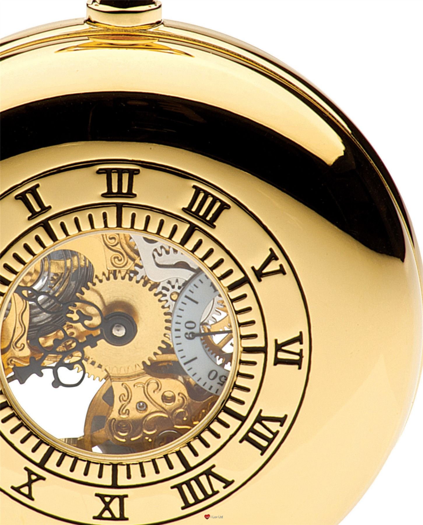 I LUV LTD Half Hunter Skeleton Pocket Watch 17 Jewelled Mechanical Gold Plated Case - Gift