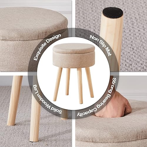 Miniatura 35 de Mxfurhawa Taburete otomano de almacenamiento redondo de lino con patas de madera, reposapiés tapizado multifuncional, para sala de estar, baño,
