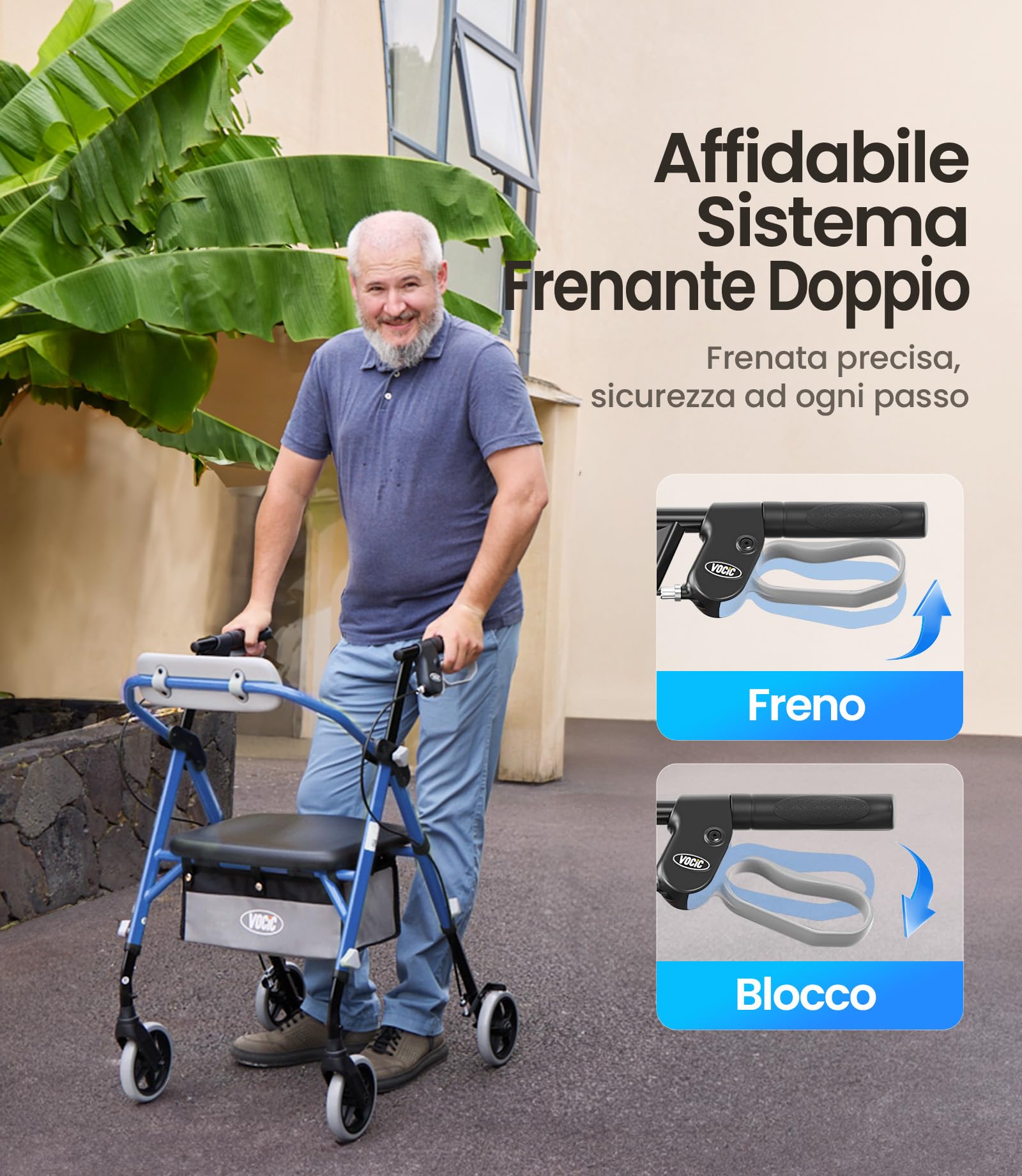 VOCIC Deambulatore pieghevole e leggero con seduta, 6,3 kg ultraleggero | Deambulatore per anziani, max 150 kg, sedile ergonomico, altezza regolabile, walker stretto per casa & viaggi, blu