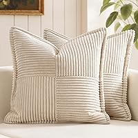 MIULEE Beige Boho Corduroy Throw Pillow Covers 18x18 Set of 2 - Striped Patchwork Soft Decorative Cases for Couch Bed Living Room