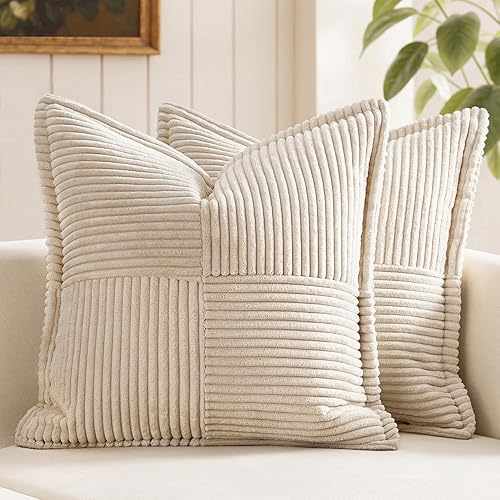 MIULEE Decorative Throw Pillow Covers for Couch Bed Livingroom 18x18 Inch Set of 2 Beige Boho Accent Throw Pllows Broadside Striped Patchwork Soft Corduroy Pillowcases