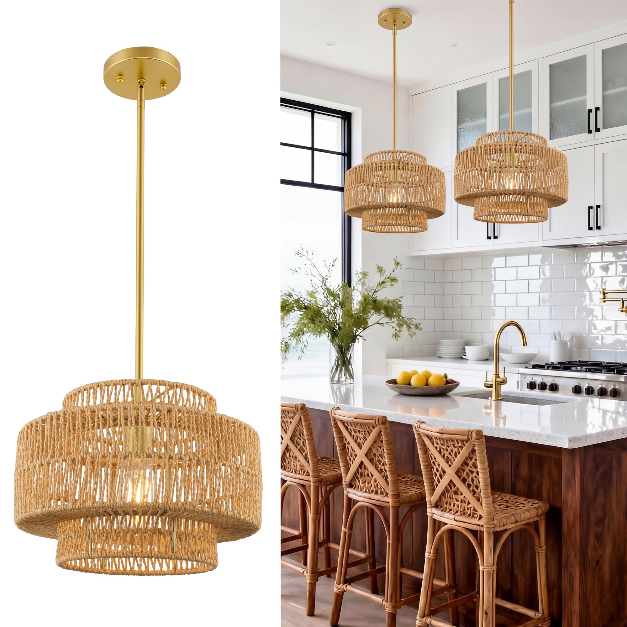 12 5 Boho Rattan Chandelier 1-Light 3-Tier Hand Woven Pendant Light Fixture with Gold Finish Natural Brown Hanging