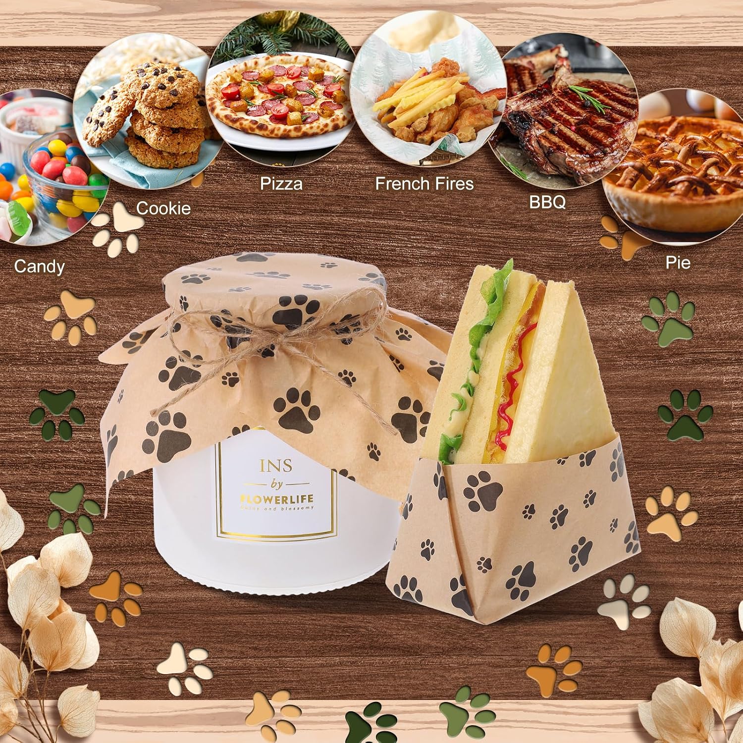 100 Sheets Dog Paw Wax Paper, Food Grade Deli Sandwich Wrap Sheets