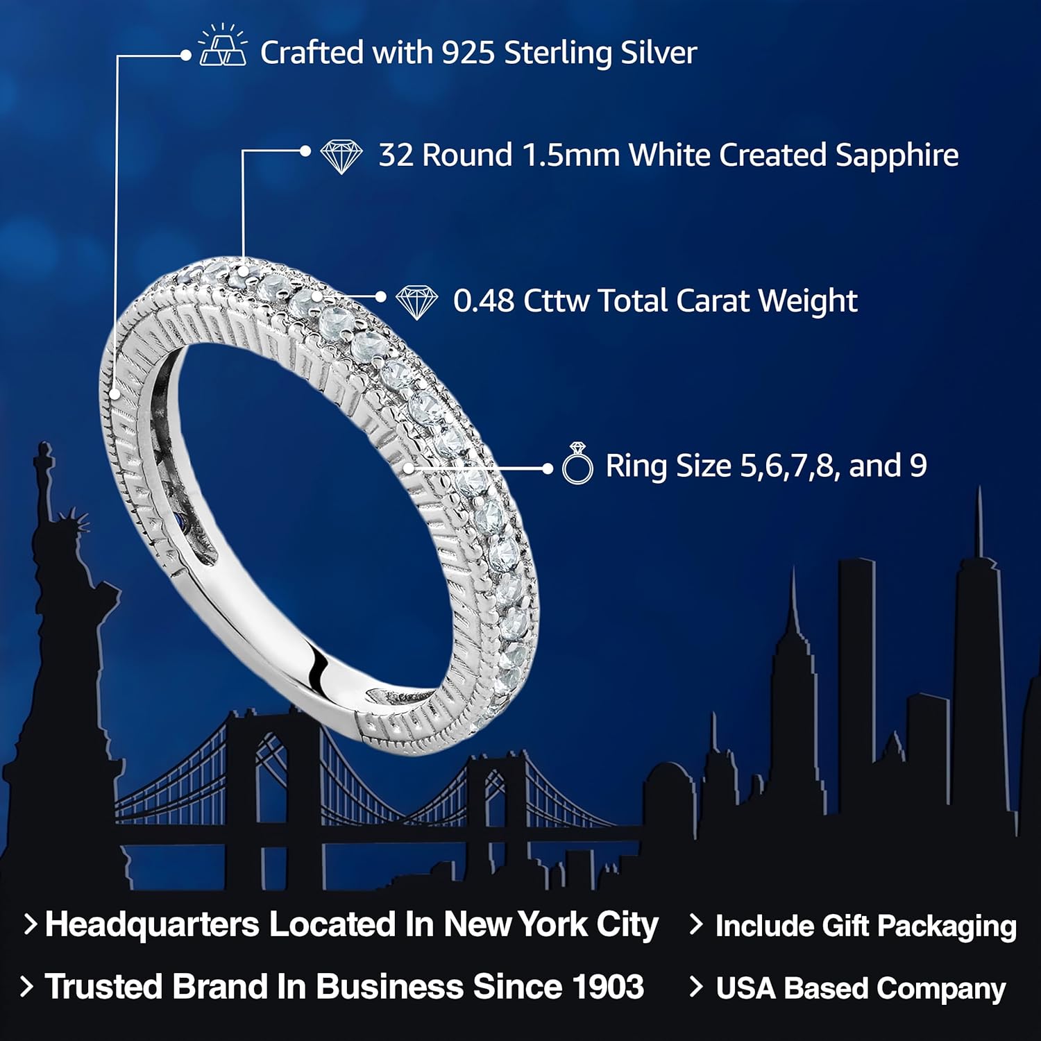 Gem Stone King 925 Sterling Silver White Created Sapphire Ring | 0.48 Cttw | Wedding Band Engagement Anniversary Promise Ring For Women