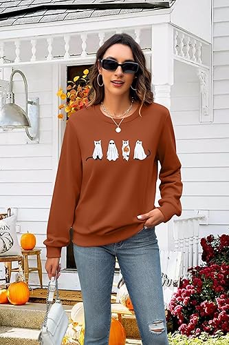 Miniatura 4 de MNLYBABY Sudadera de Halloween con diseño de gato para mujer, divertida camiseta gráfica de fantasma, de manga larga, con cuello redondo