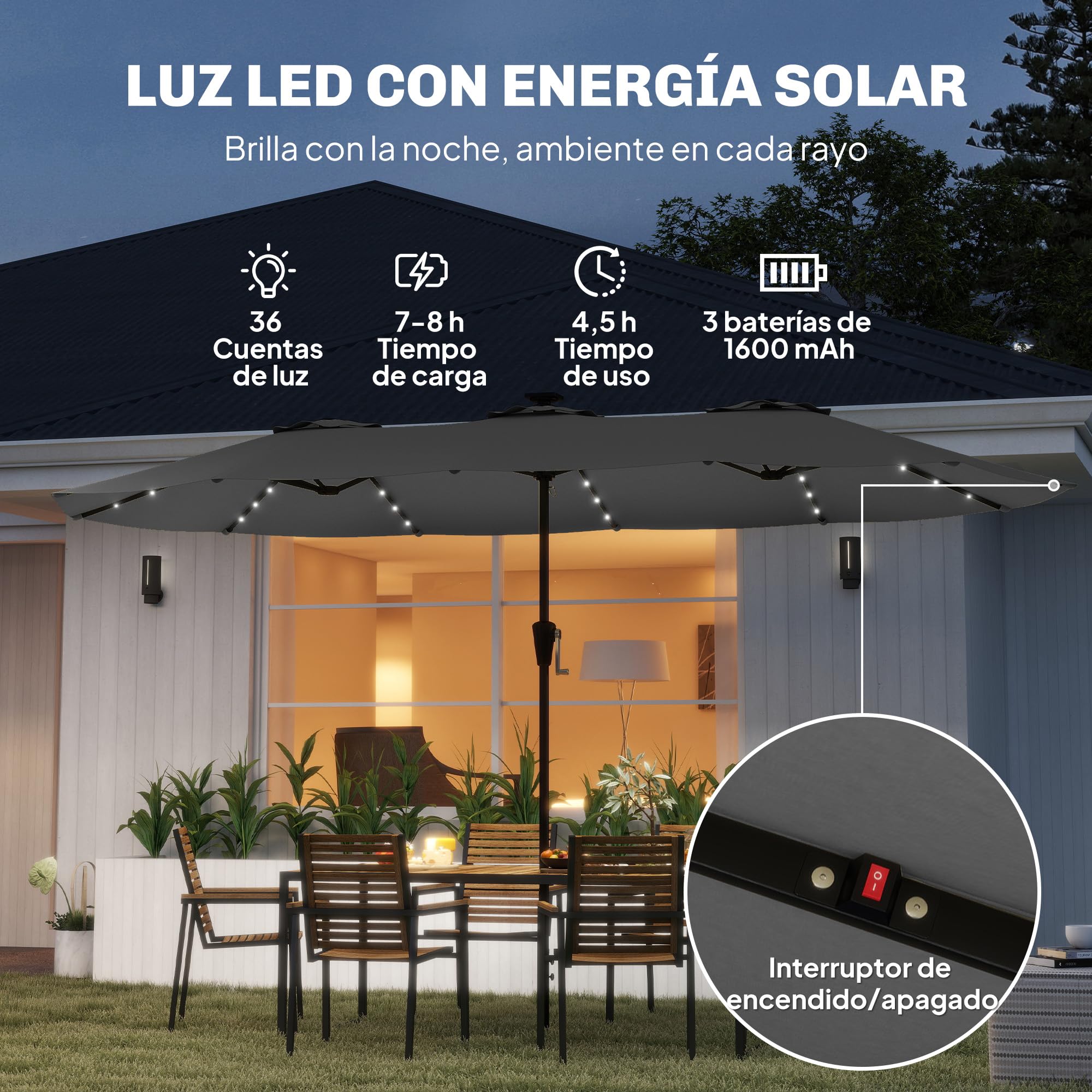 Outsunny Sombrilla Doble con 36 Luces LED Solares, 4x2 m, Sombrilla Terraza Exterior con Manivela, UPF50+, 12 Varillas, Resistente al Agua, Parasol para Jardín, Terraza, Patio — view 3