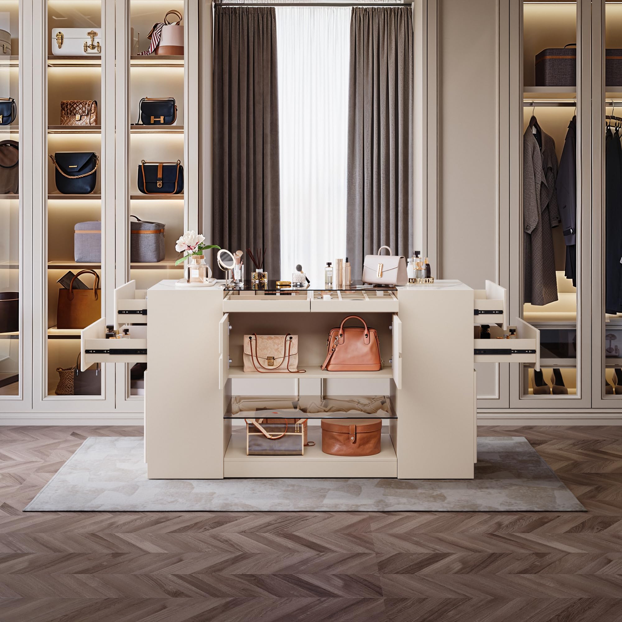 Homary 60 Zoll Insel Schmuckkommode mit Sinterstein & Glasplatte, 2 Schmuckfächern, 4 Schubladen, Türen & Regalen für begehbaren Kleiderschrank