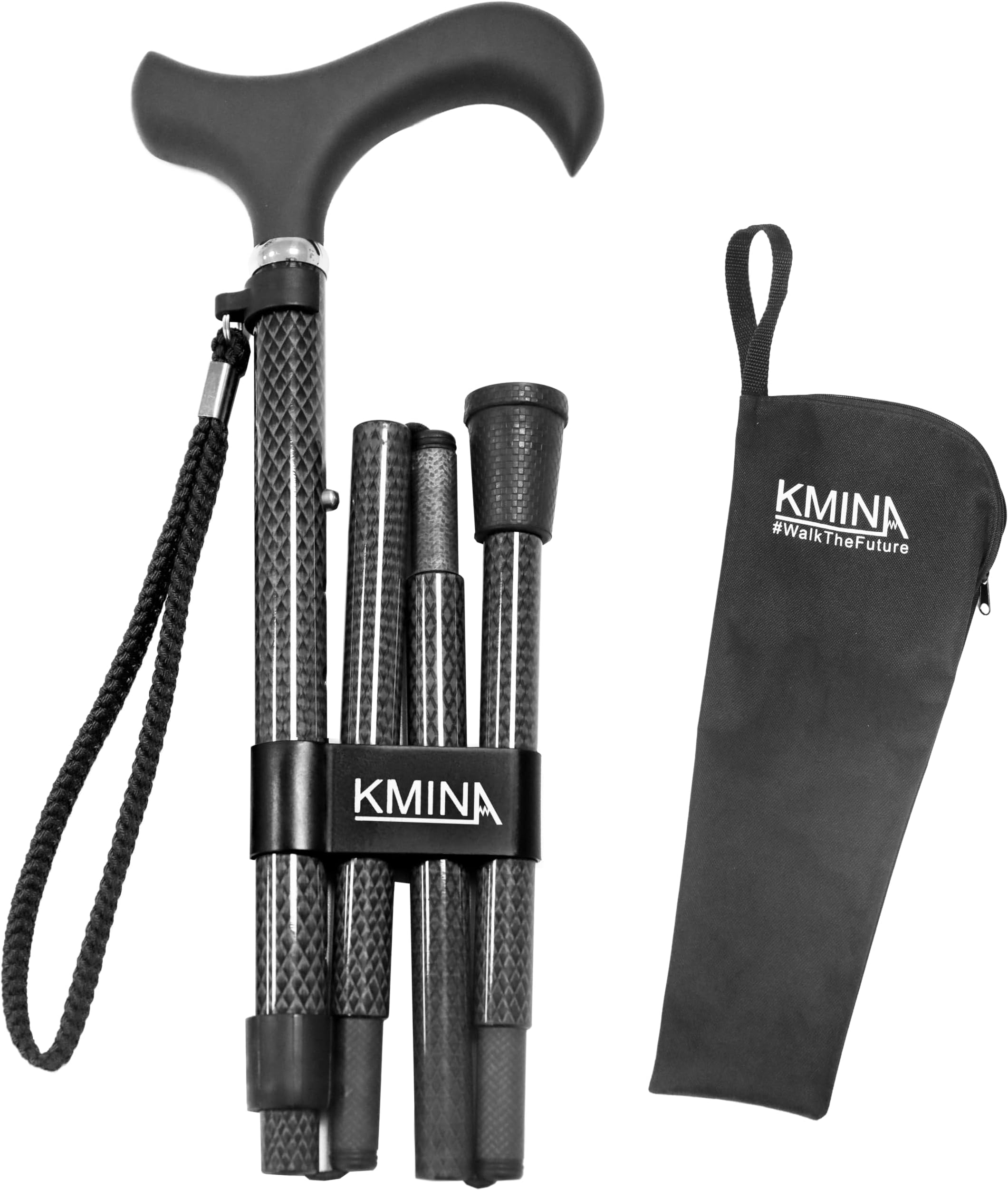KMINA Folding Cane for Men and Women (Carbon Fiber), Soft Grip, Adjustable Height, Lightweight, Black, PRO Model