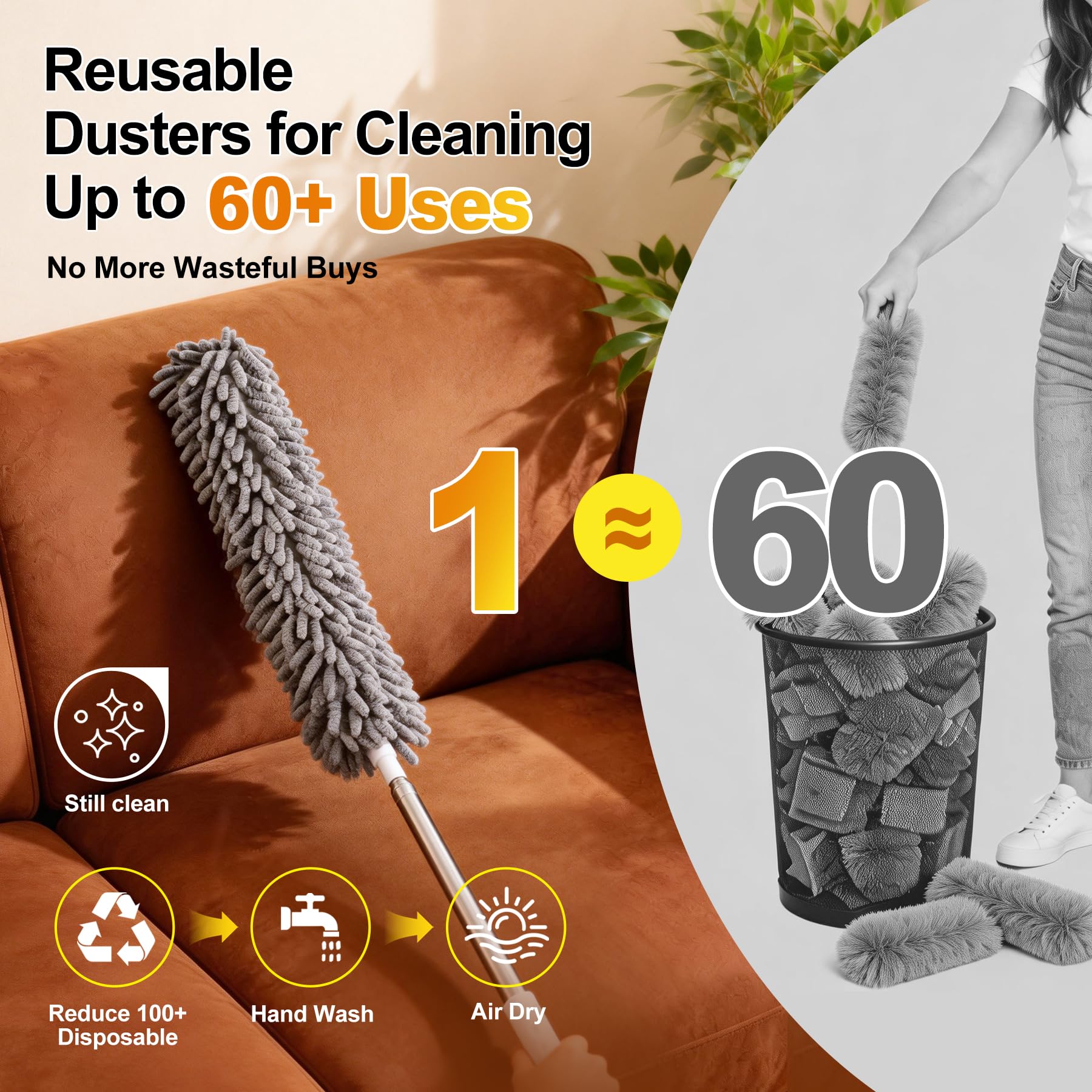 Tiumso Plumero de microfibra 5 en 1, plumero para limpieza, plumero con poste de extensión de 100 pulgadas, plumero de telaraña, plumero de microfibra para techos altos y ventiladores, persianas,